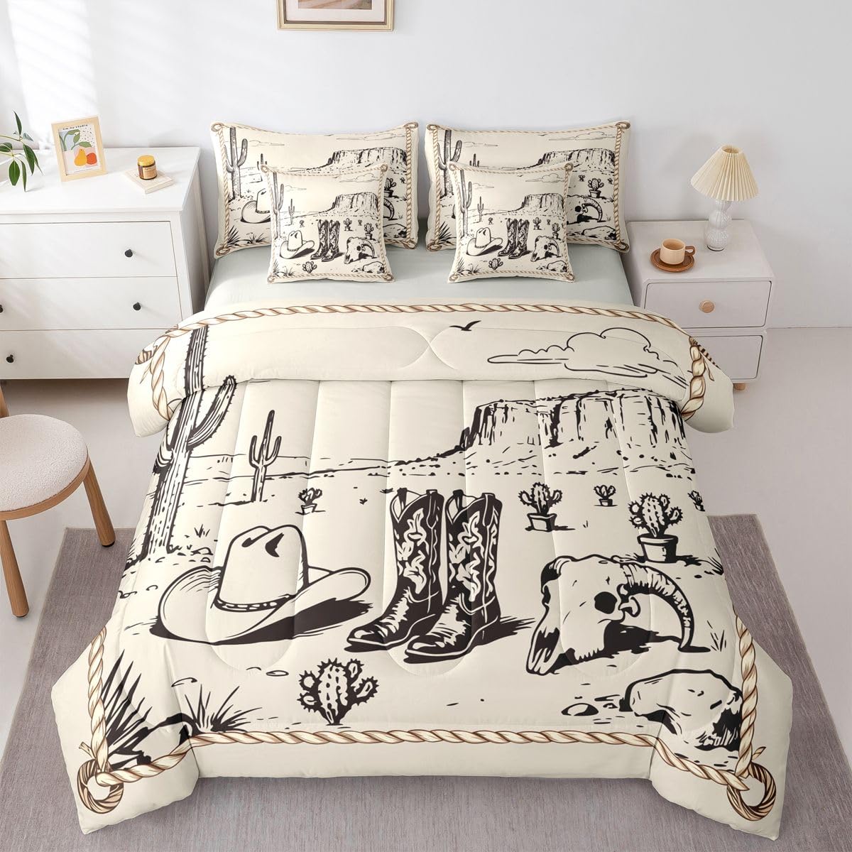 Feelyou Cowboy Hat Boots King Comforter Set with Sheets for Kids Boys Girls Vintage Western Art 7 Pieces Bedding Set Bull Skull Bed in a Bag Wild West Style Room Decor Cactus Soft Lightweight