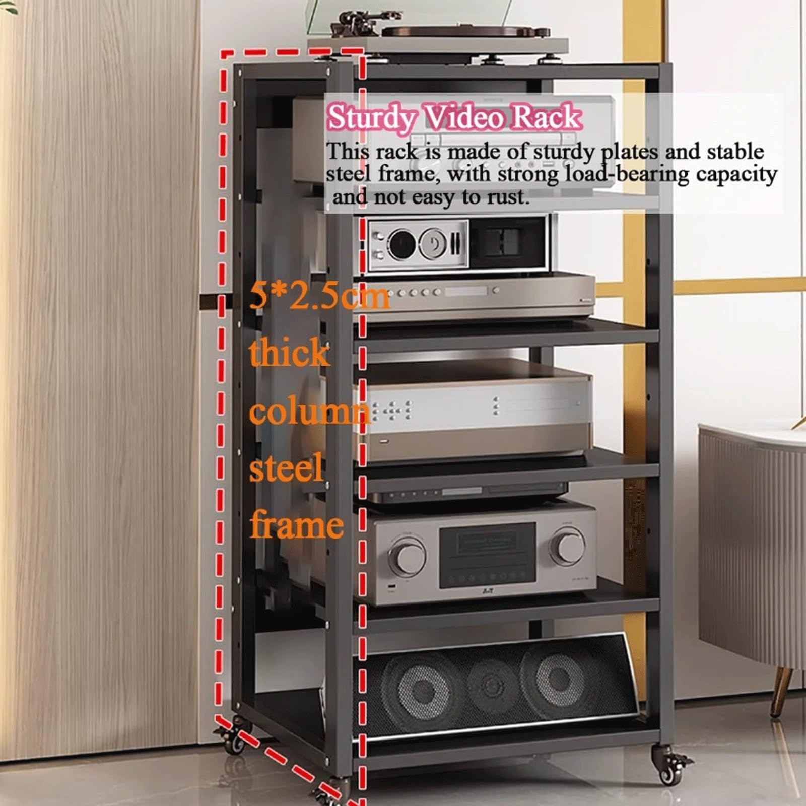 Mobile Porta TV/multimediale Regolabile a 6 Ripiani con Ruote - Moderno Centro di intrattenimento per Console di Videogiochi, Lettore Dvd/CD, Giradischi e Altri dispositivi (110 cm)