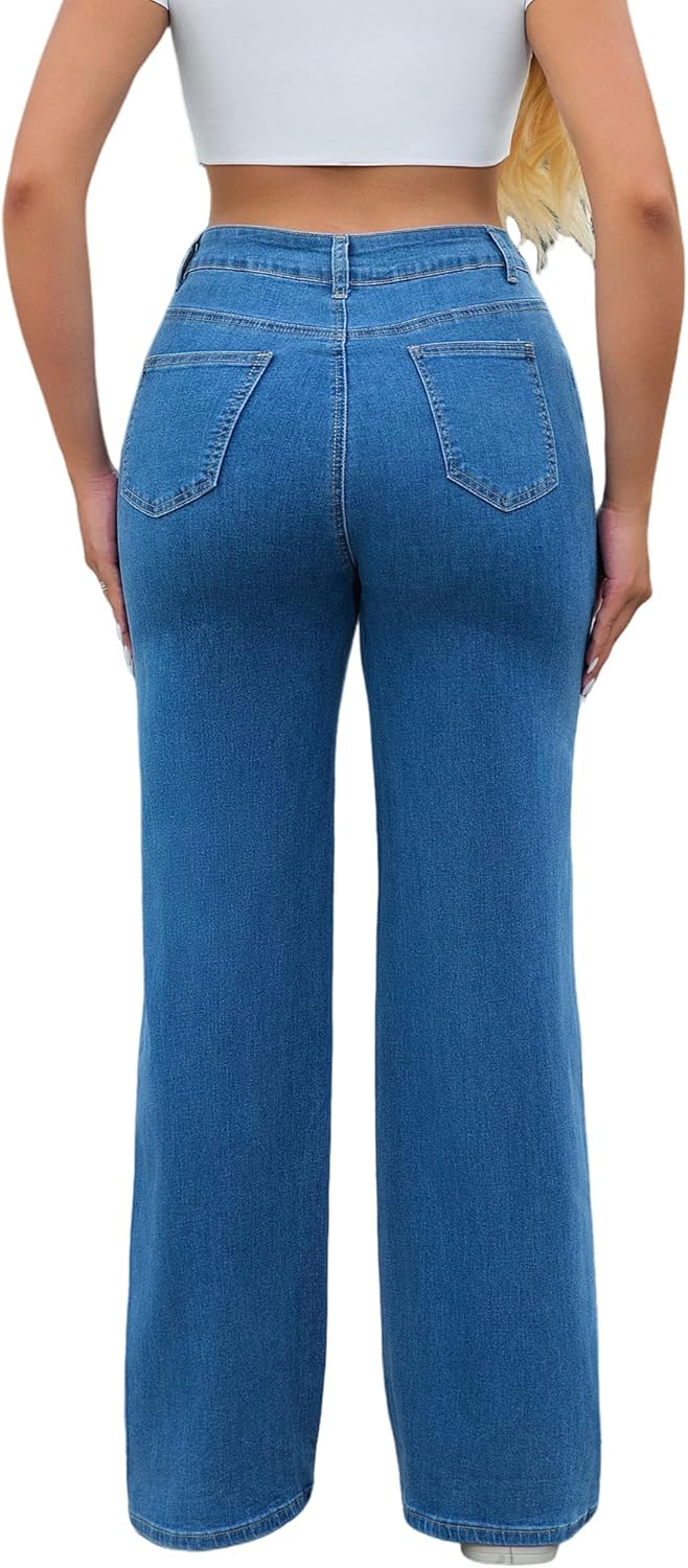 THUNDER STAR Womens High Waisted Wide Leg Jeans Stretchy Distressed Denim Pants - Image 5