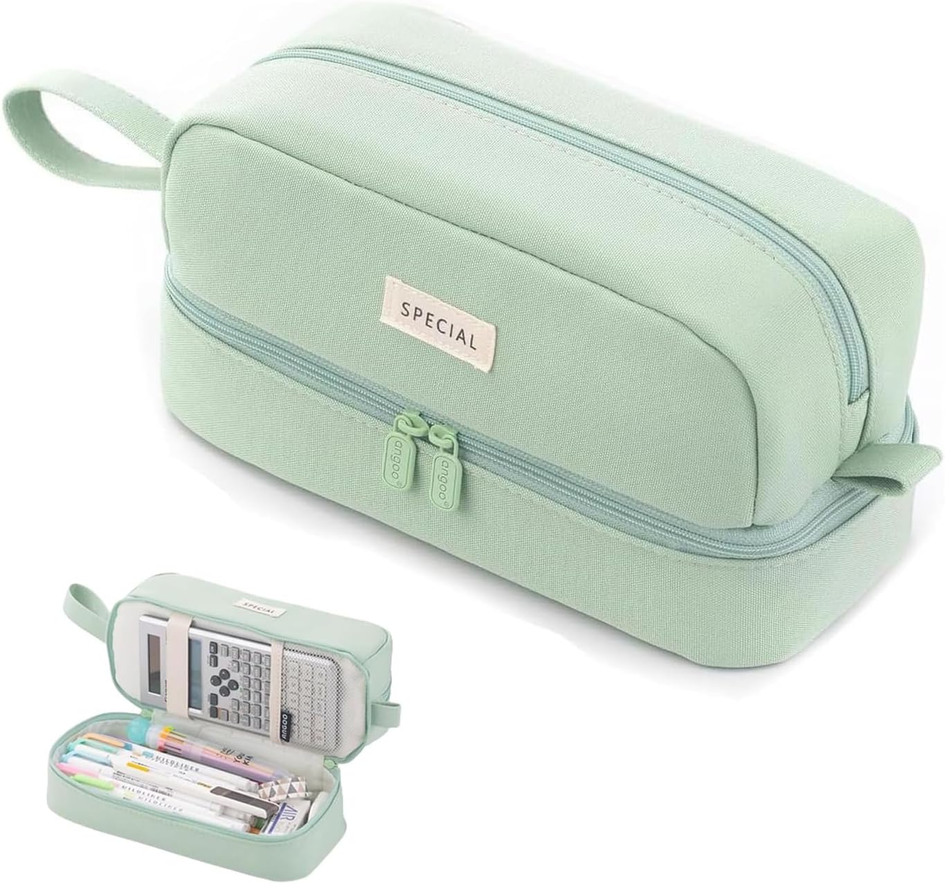 Pencil Case Large Capacity, Pencil Case Aesthetic, Pencil Case Pen Pouch with Zipper Compartments Portable Handle, Pencil Pouch for School Office College Teen Girls Boys Adults Students Black (Green)