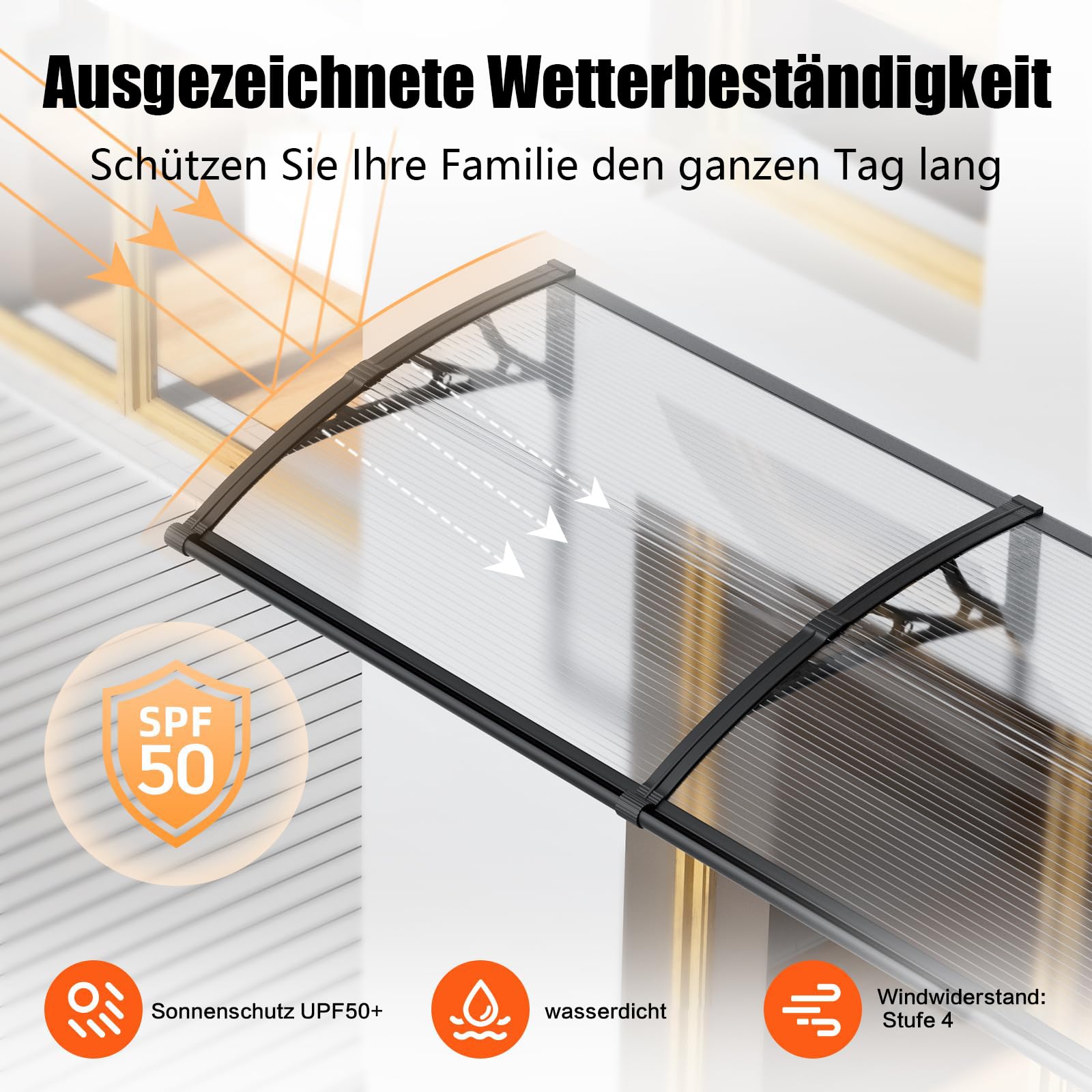Vordach für Haustür 240x100 cm Fenstervordach mit separater Entwässerung, Polycarbonat Pultvordach Überdachung für UV-,Regen- und Schneeschutz – Ideal für Veranda, Terrasse und Fenster