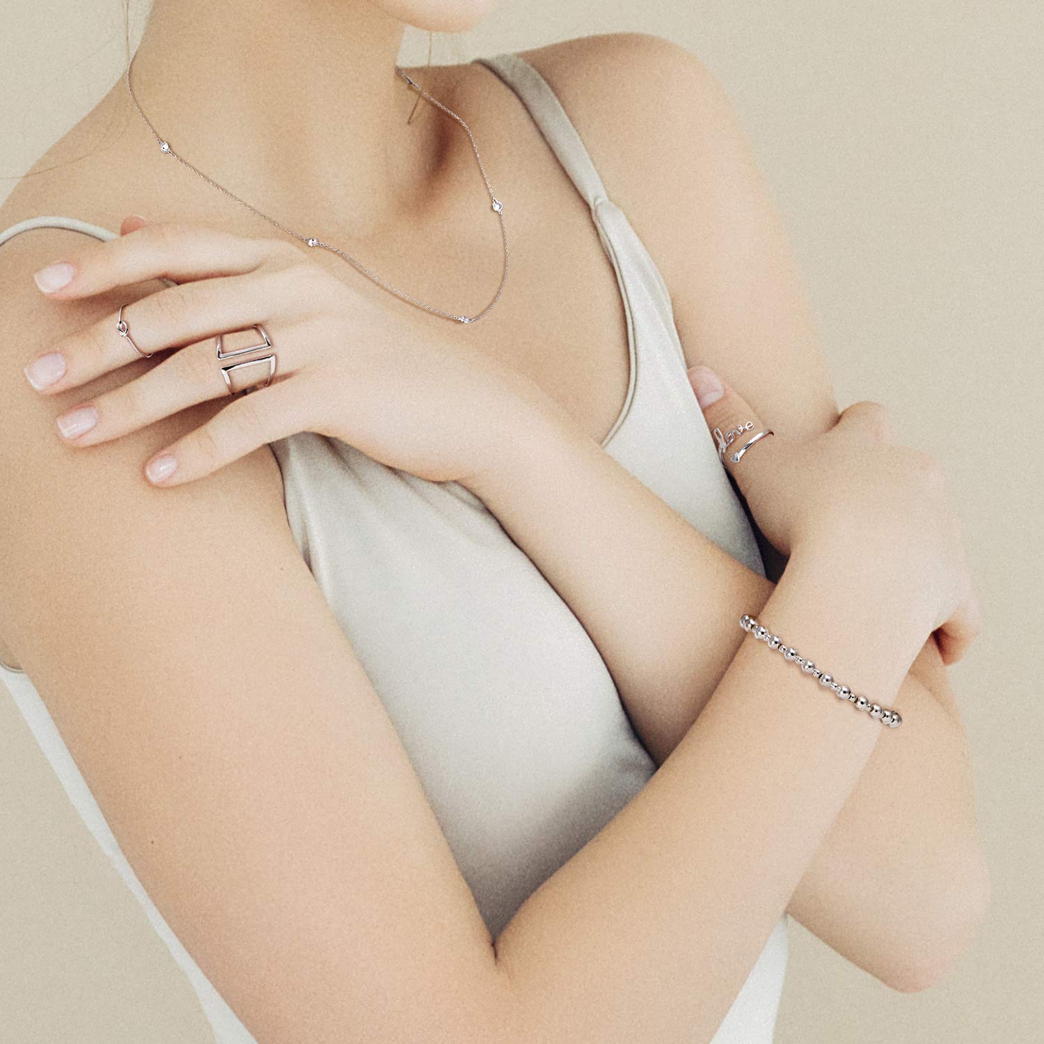 Bling Jewelry Moderne Klassische Polierte Runde Abwechselnde 3 5Mm Ball Perlen Stretch Armband Für Frauen Teenager Dehnbarer Glänzender .925 Sterling Silber