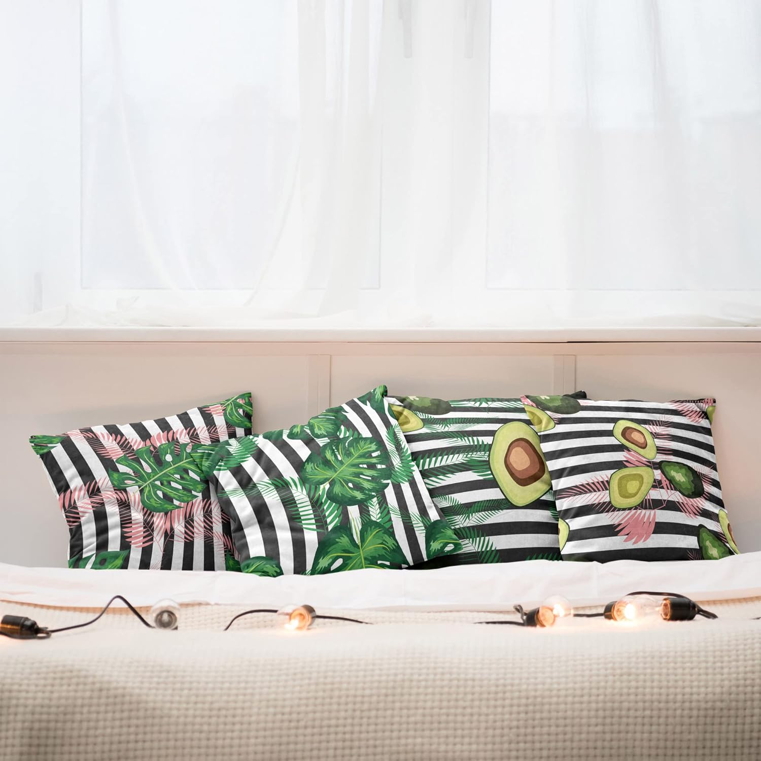 Ambesonne Exotic Throw Pillow Cushion Case Pack of 4, Modern Themed Floral Pattern of Avocado Monstera Leaves on Stripes, Modern Accent Double-Sided Digital Printing, 18", Green Dark Grey and Blush