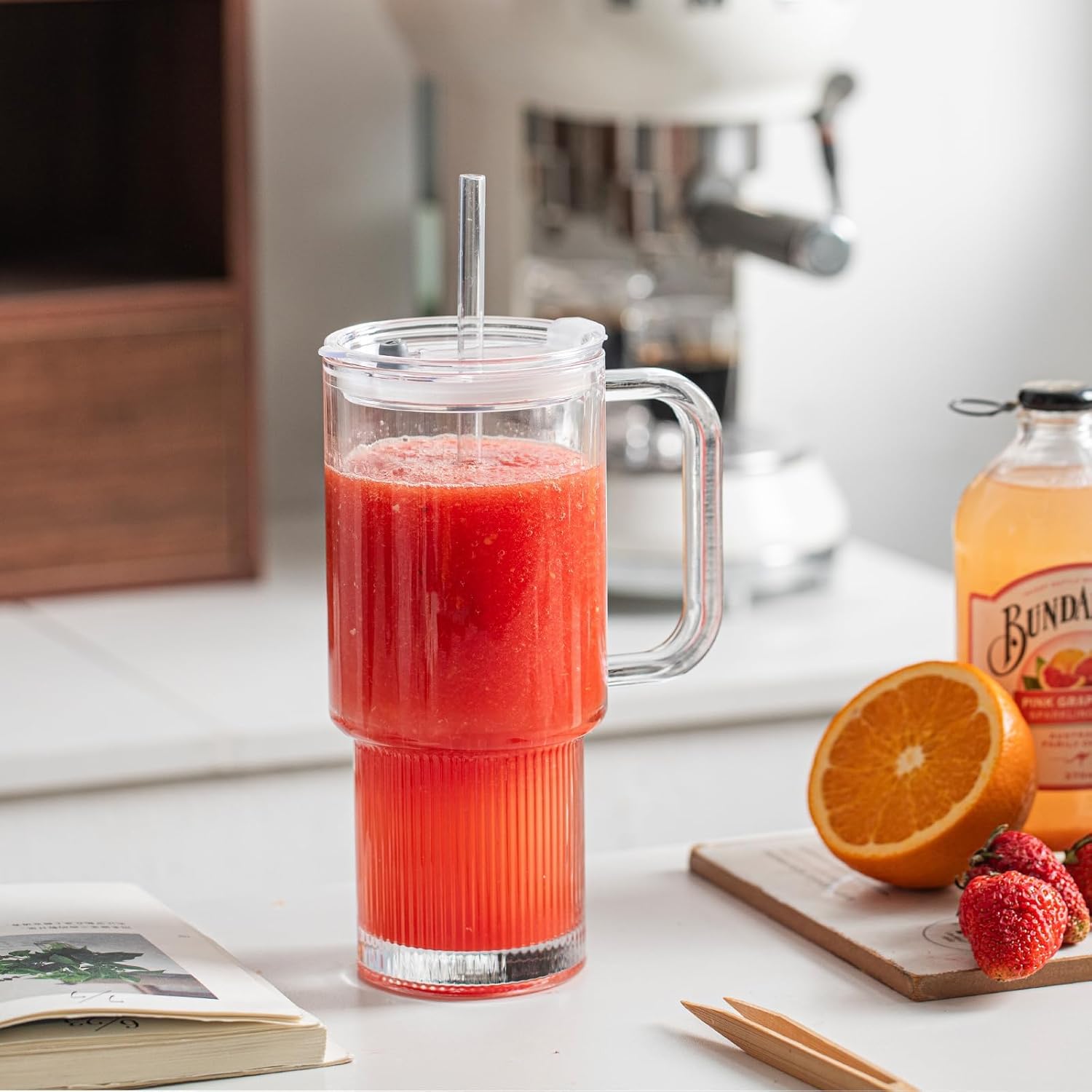 INSETLAN 26oz Glass Tumbler with Handle & Lid – 2-Pack Large Iced Coffee Cups with Straws, Modern Glass Mug for Cold & Hot Beverages, Aesthetic Glass Cups for Smoothies, Tea, and Juice - Image 6