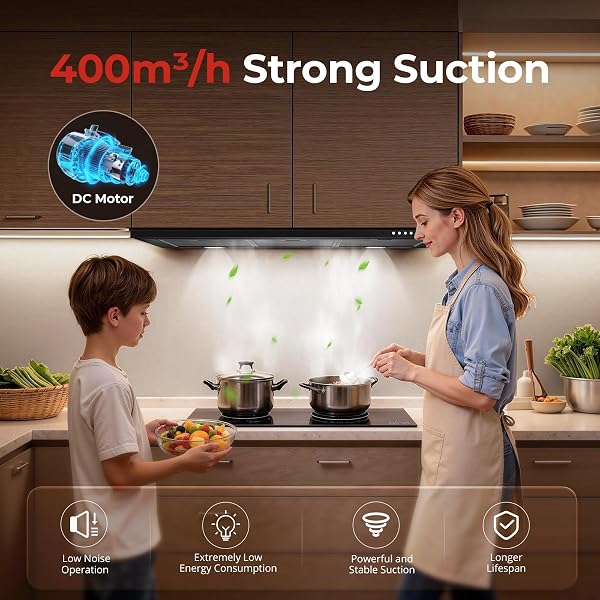 SNDOAS 90 cm Cooker Hood, Class A+++, 3-Speed Wall Mounted Range Hood, Extractor Hood, 400m³/h Extractor Fan kitchen with Carbon Filters, Black - 2