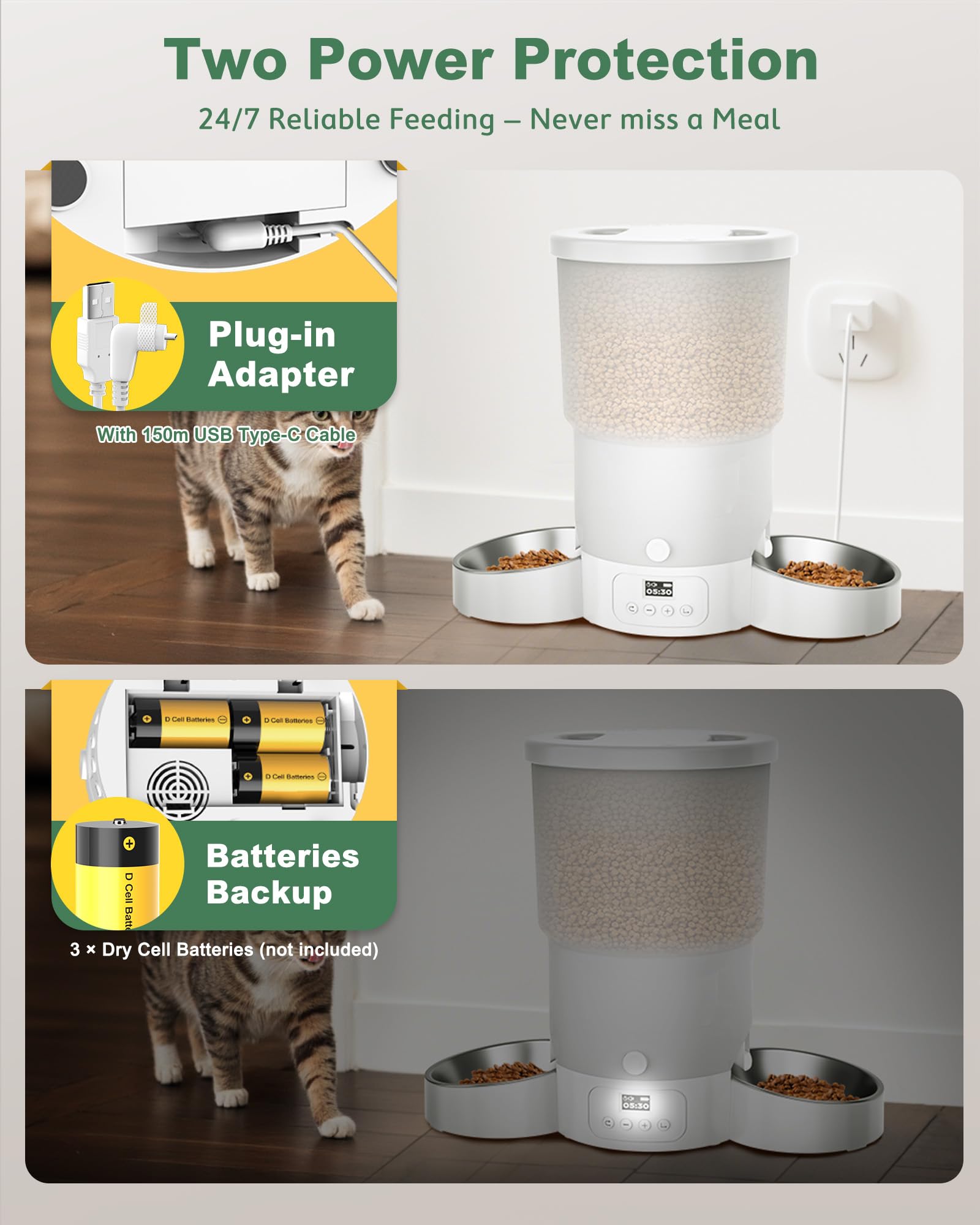 Gimars 5L Comedero Gato Automatico 2 Cuencos Inoxidables, Fácil De Configurar, Temporizador Programable 1-6 Comidas al Día Dispensador Comida Gatos y Perro en Diseño Sellado, Grabación Voz 10s