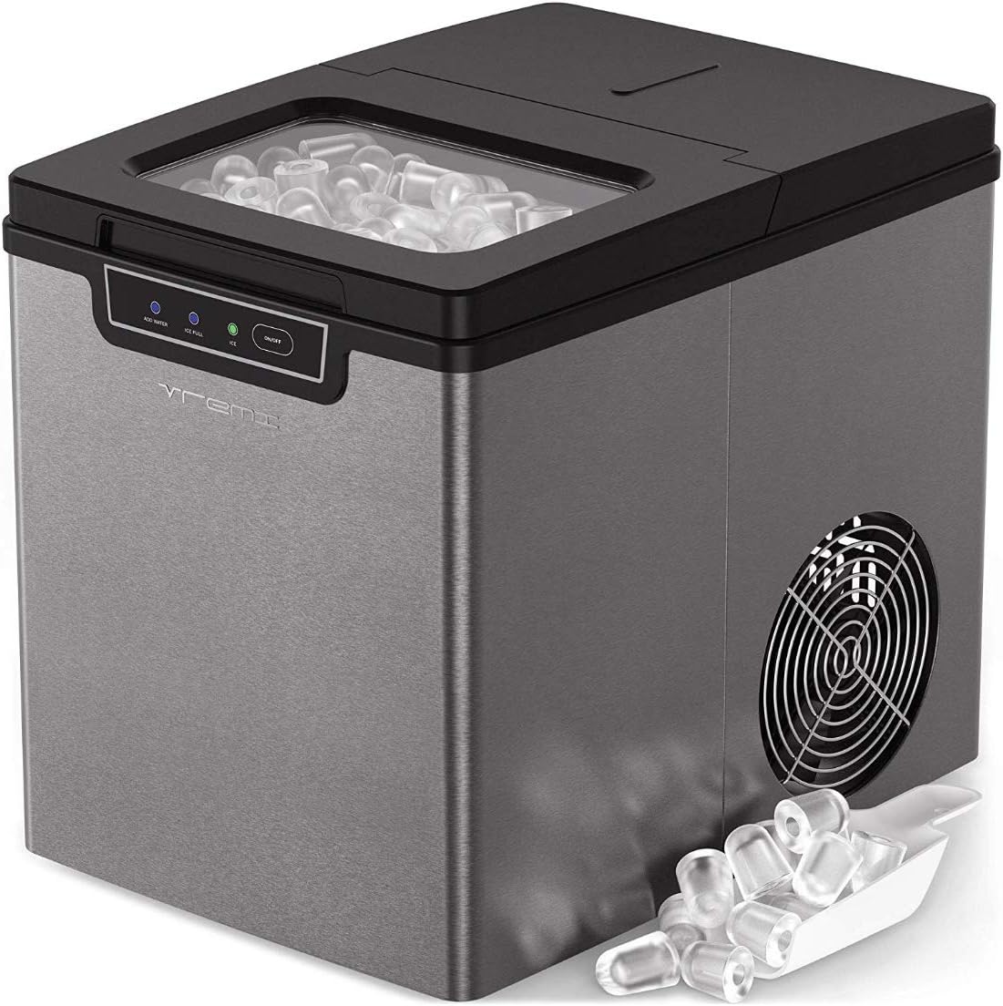 Vremi Black Portable Ice Cube Maker - Produces 26 Pounds of Ice Cubes a Day - Display Panel Indicator with Removable Ice Basket and Scoop - Modern Countertop Ice Machine That Makes Ice Every 8 Minutes