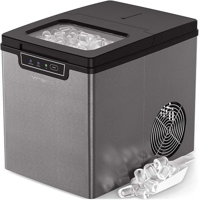 Vremi Black Portable Ice Cube Maker - Produces 26 Pounds of Ice Cubes a Day - Display Panel Indicator with Removable Ice Basket and Scoop - Modern Countertop Ice Machine That Makes Ice Every 8 Minutes