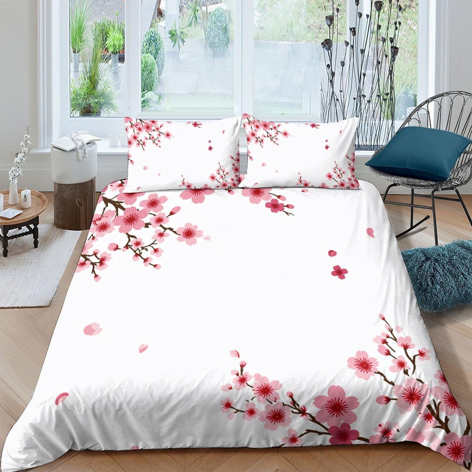 Ctjqhvkz Style-6 3D Printed Sakura Blossom Fitted Sheet Microfiber Soft Pink Floral Bed Cover For Bedroom Guest Room Easy Care Decorative Single（135X200cm）