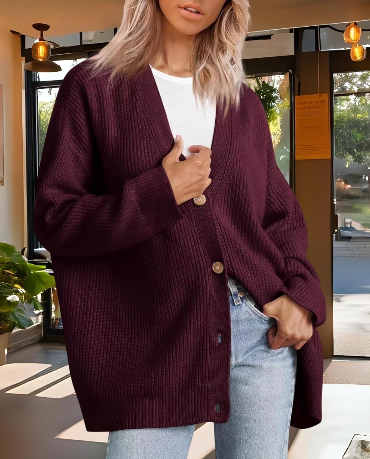 Women's Cardigan Casual Sweater Oversized Long Sleeve V-Neck Button Cardigan Top for Vacation and Daily Life - Image 4