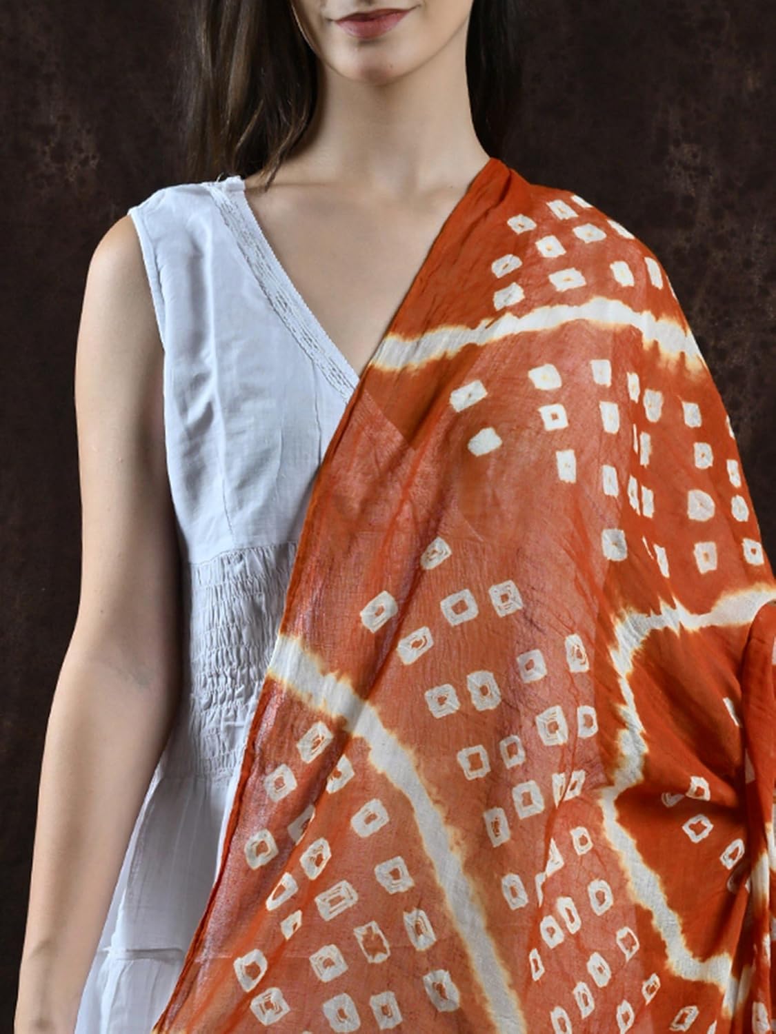 Exotic India Pure Cotton Bandhani Leheria Tie-Dye Dupatta/Chunni For Women's and Girls from Gujarat Cinnamon Stick Red or Brown For Summer - Image 5