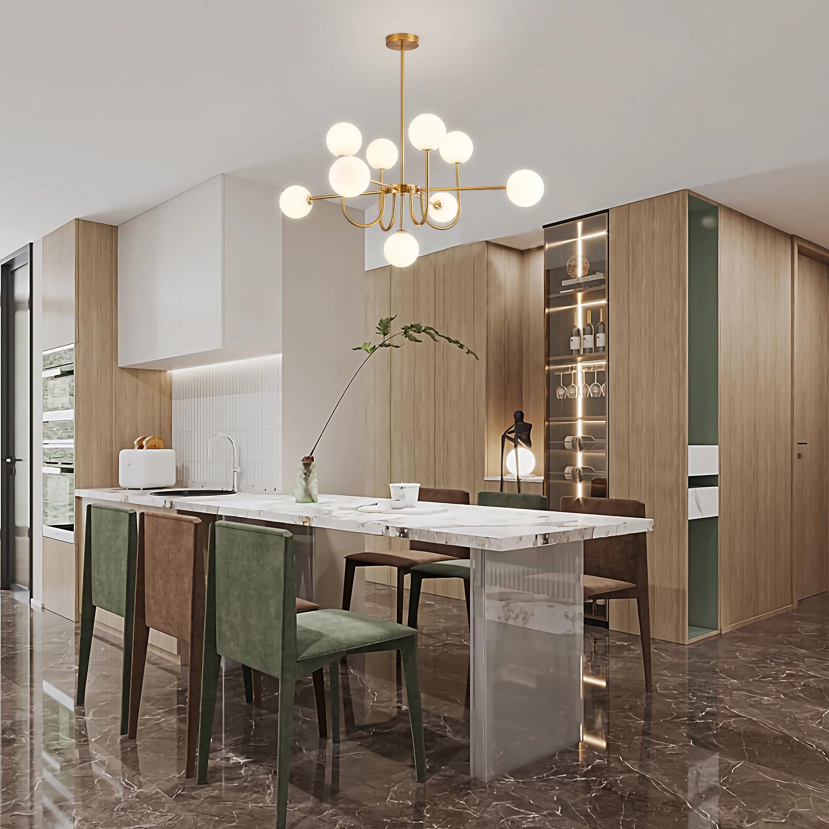 Moderne Sputnik Kronleuchter mit 9 weißen Glaskugeln, Gold Deckenleuchte, Vintage Pendelleuchte, halb eingebaute Deckenlampe für Wohnzimmer Schlafzimmer Küche und Esszimmer