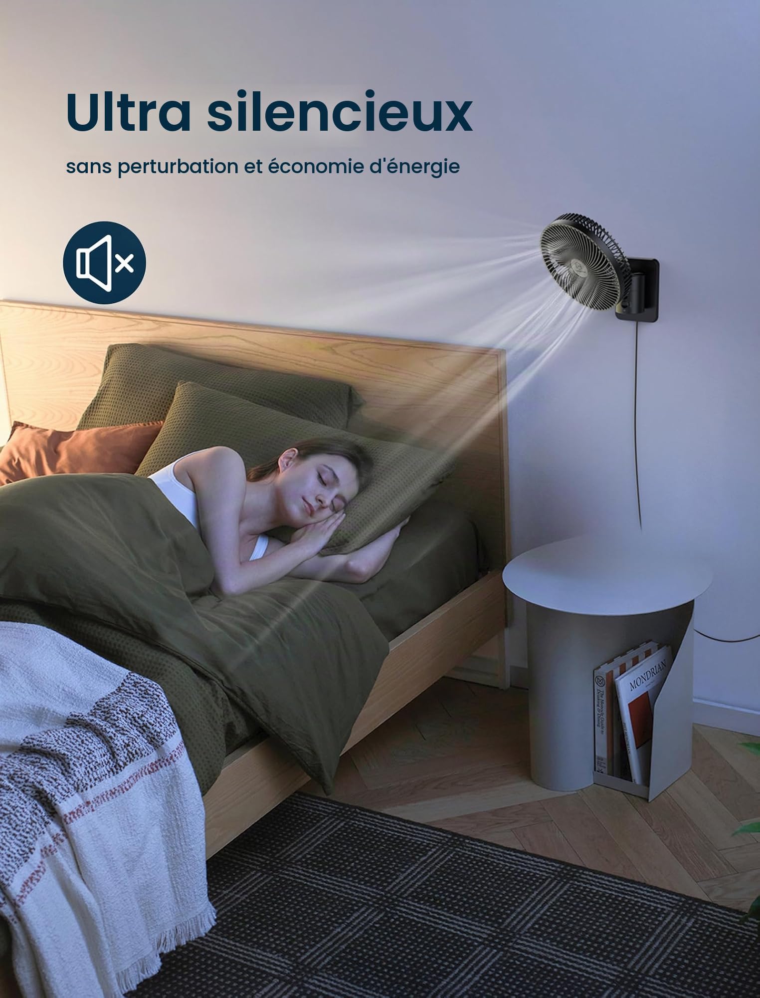 Ventilateur mural oscillant silencieux de 21,6 cm avec télécommande et minuterie, 4 vitesses réglables pour petites salles de bains, rafraîchissement des chambres intérieures pour camping-car