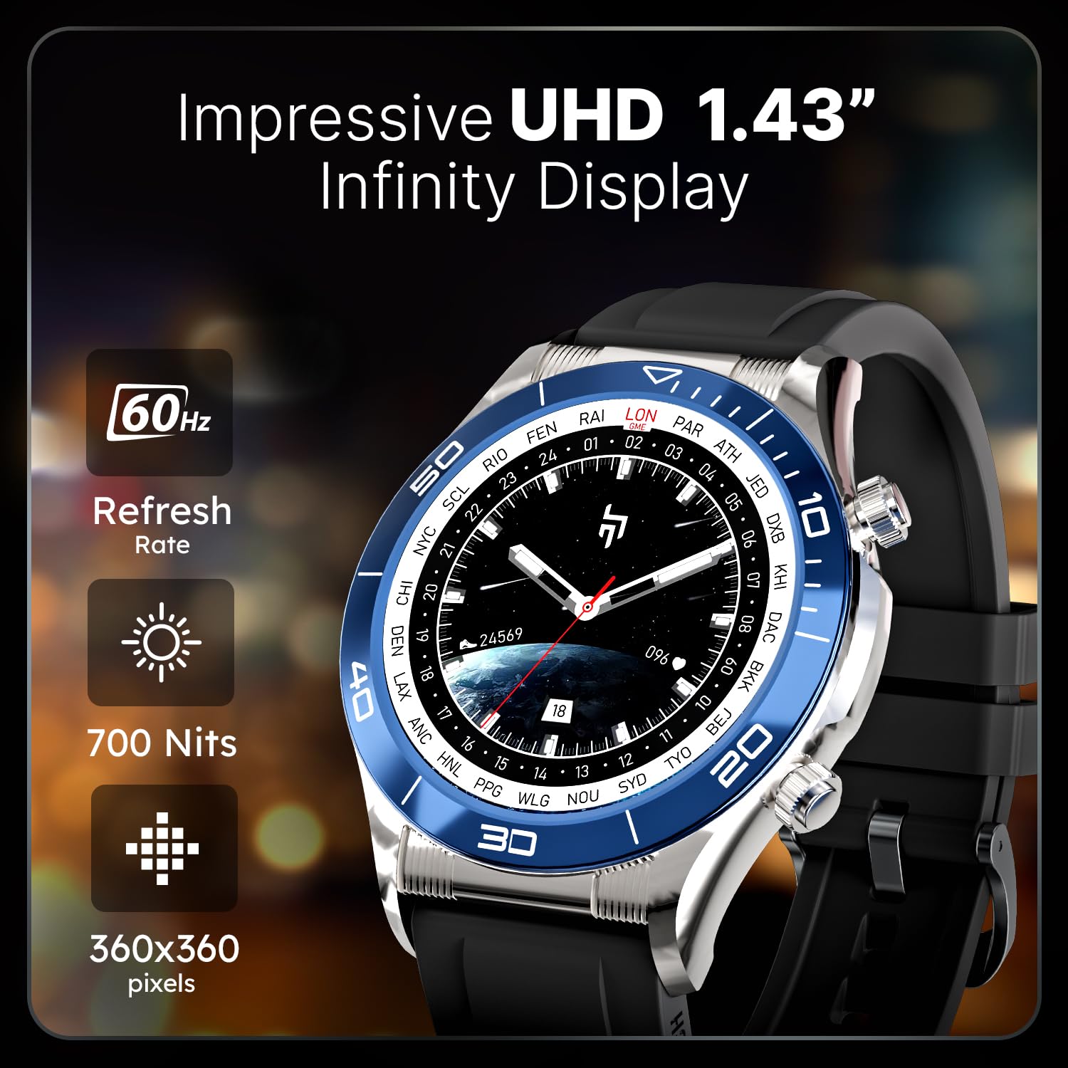 Close-up of the CrossBeats Monarch Smartwatch display showing 1.43 inch UHD Infinity Display, 60Hz refresh rate, 700 Nits brightness, and 360x360 pixels resolution.