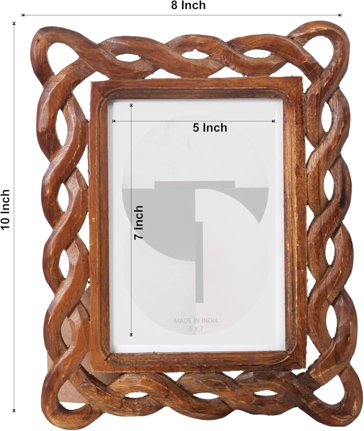 Handcrafted Wood Picture Frame, 5x7 Inch Rustic Twisted Rope Carved Border – Natural Solid Wood Photo Frame for Tabletop Display Vintage Farmhouse Decorative Frame for Home & Office (Walnut Finish)