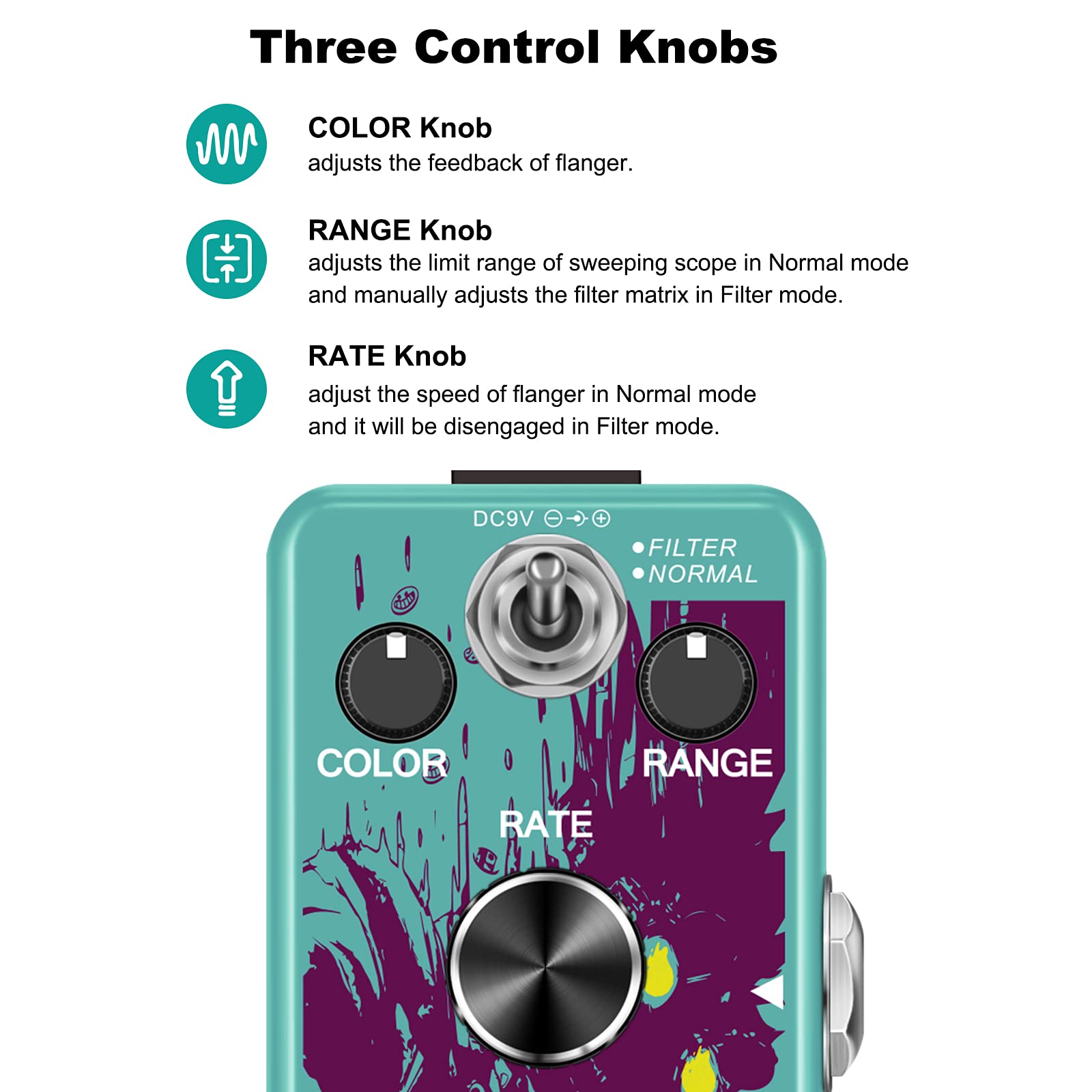 Flanger - Pedal de efectos para guitarra (Mini analógico, interruptor de pie para guitarra eléctrica, con carcasa totalmente metálica, True Bypass