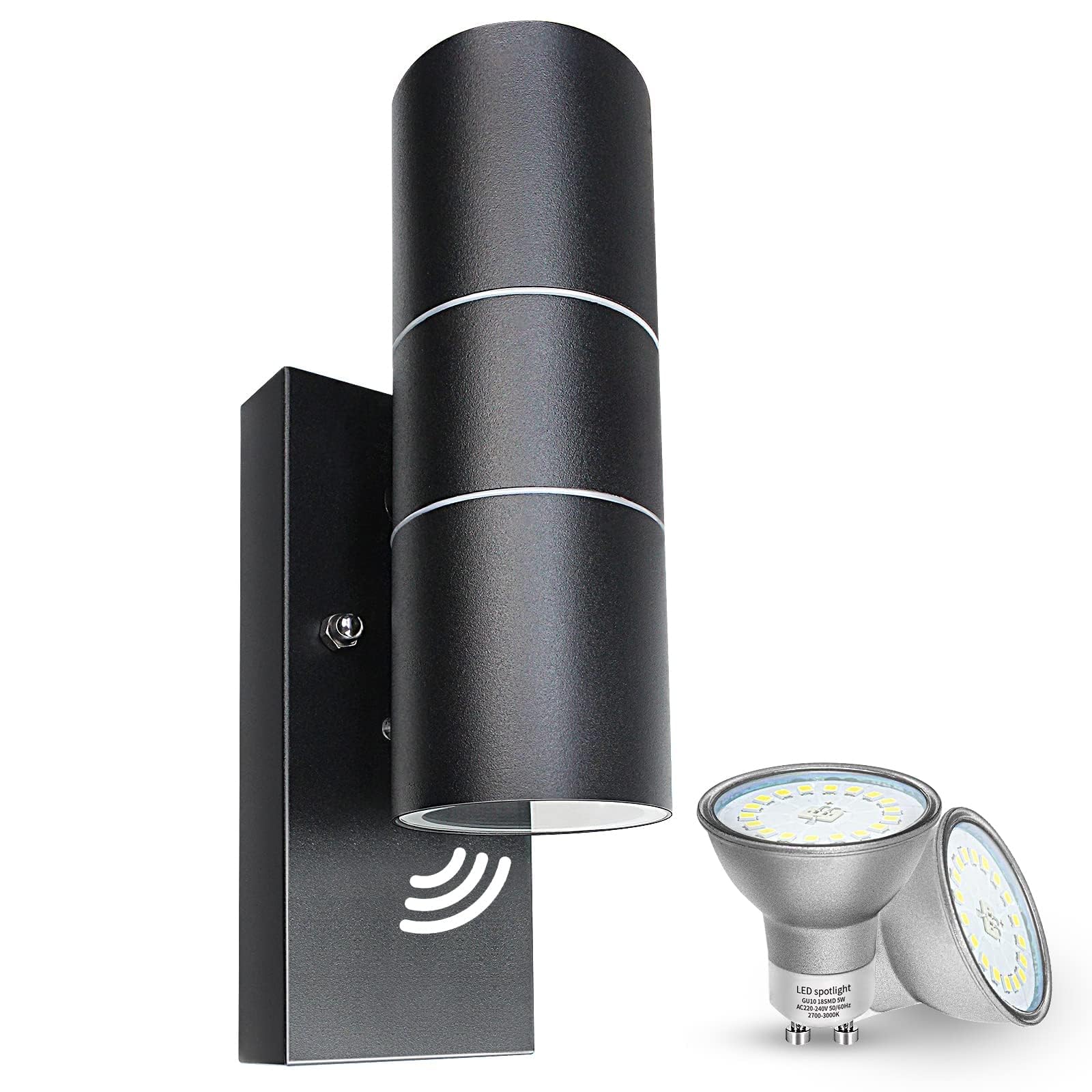 Wondlumi Dusk Till Dawn Wall Light Outdoor Lights, Outside Lights with Sensor Garden Lights Mains Powered Waterproof Black, Incl. 2X 5W GU10 LED Bulbs Warm White
