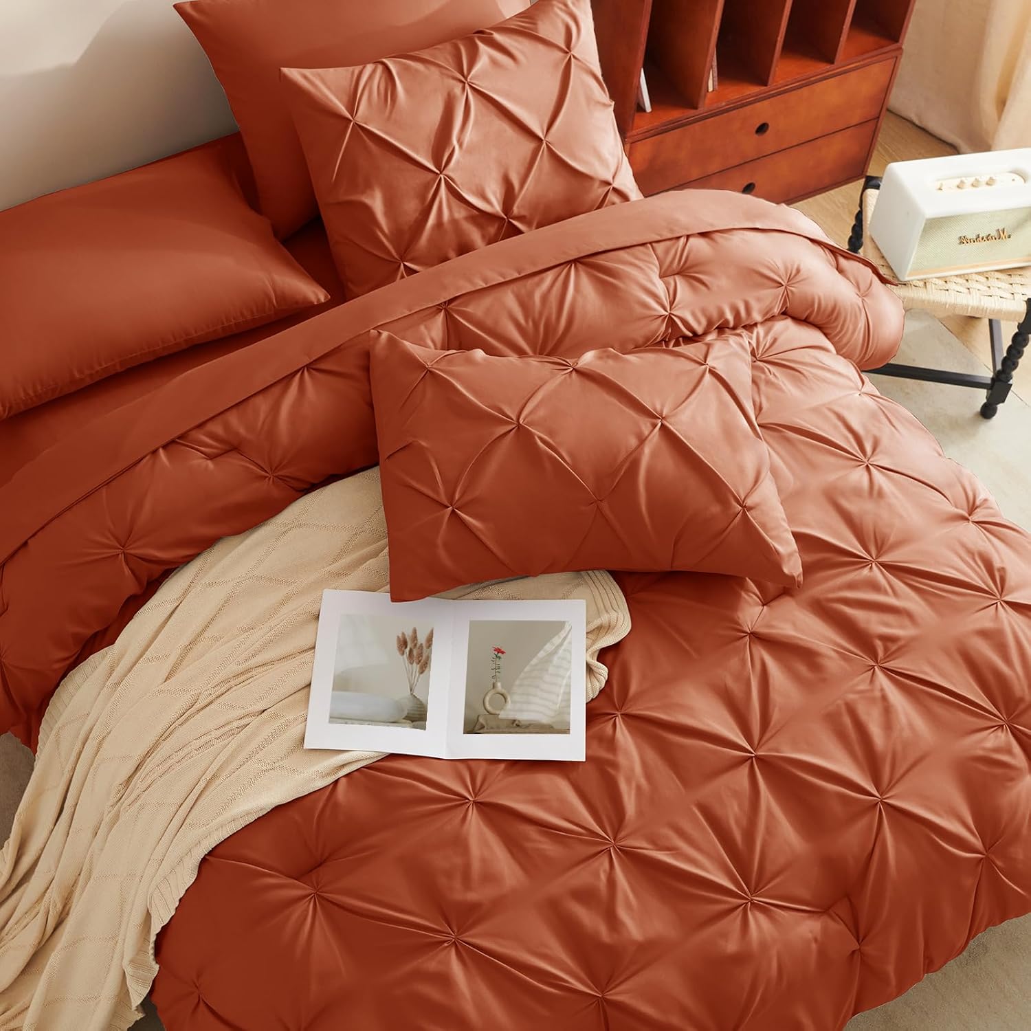 King Comforter Set Burnt Orange, 7 Pieces Pintuck Bed in A Bag King Size Bedding, Soft Bed Set All Season Pinch Pleat Comforter Set with Sheets, Pillowcases & Shams - Image 4