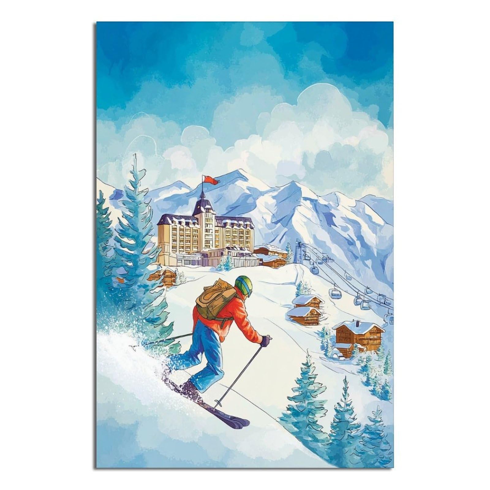 CFXNGA Gstaad Switzerland Ski Posters 20x30inch(50x75cm) Vintage Watercolor Canvas Art