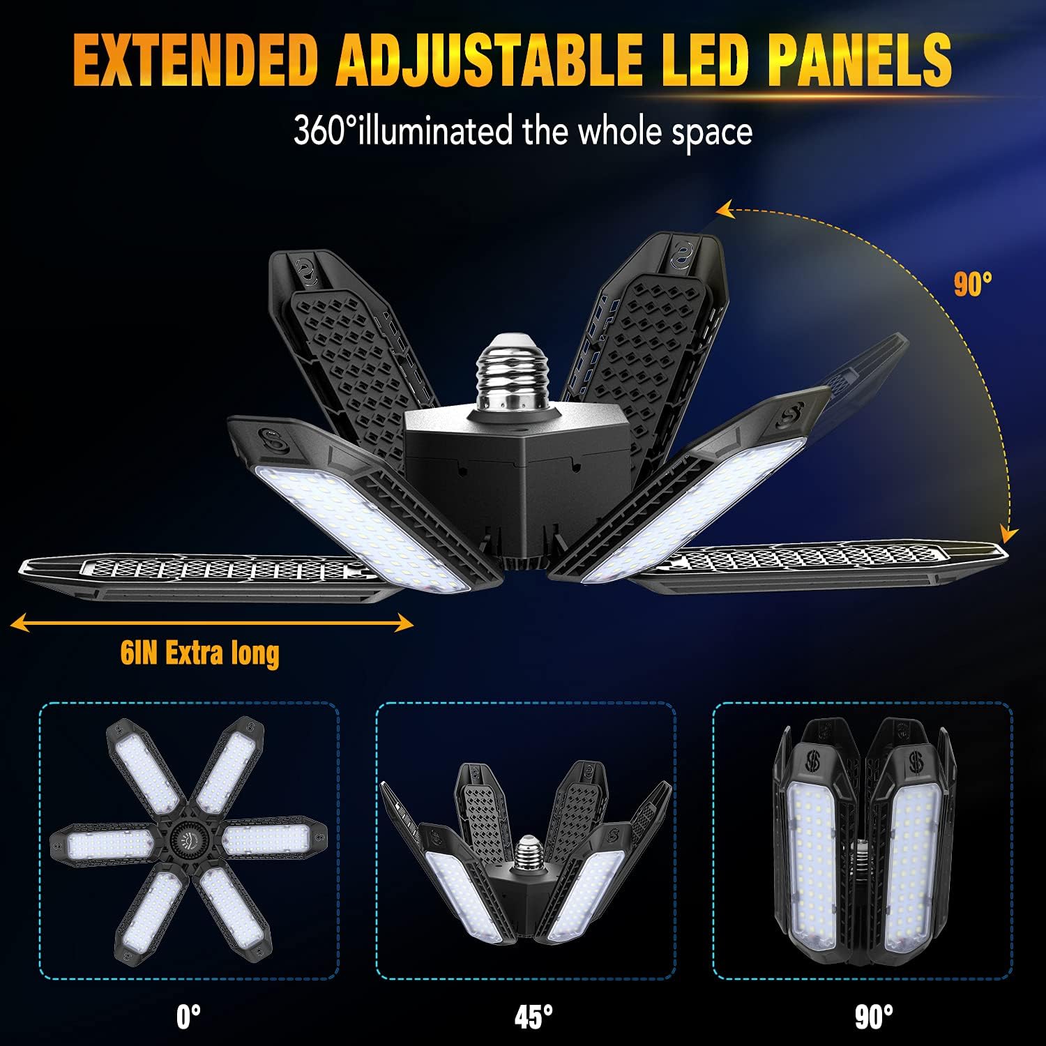 LED Garage Light ,Deformable Shop Ceiling Lights with 6 Panels 120W 16000LM fit E26/E27 Socket, Screw in LED Garage Lighting Fixture for Basement,Workshop,attic