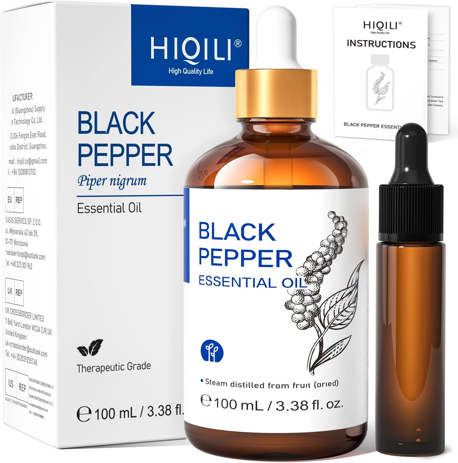 HIQILI Black Pepper Essential Oil 100ml - Natural, Energizing & Soothing