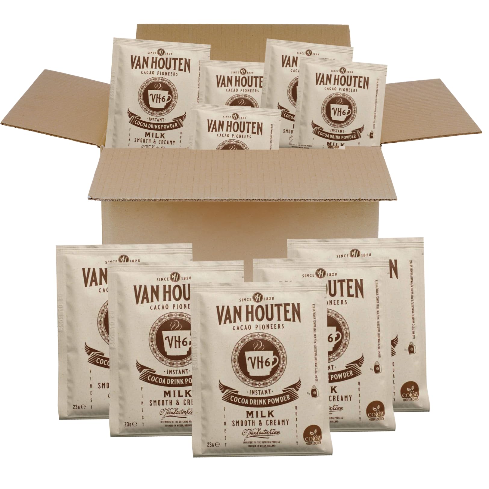 VAN HOUTEN | 50 Doses Individuelles de Chocolat au lait VH6 | Boite distributrice de sticks individuels 23g de poudre lactée