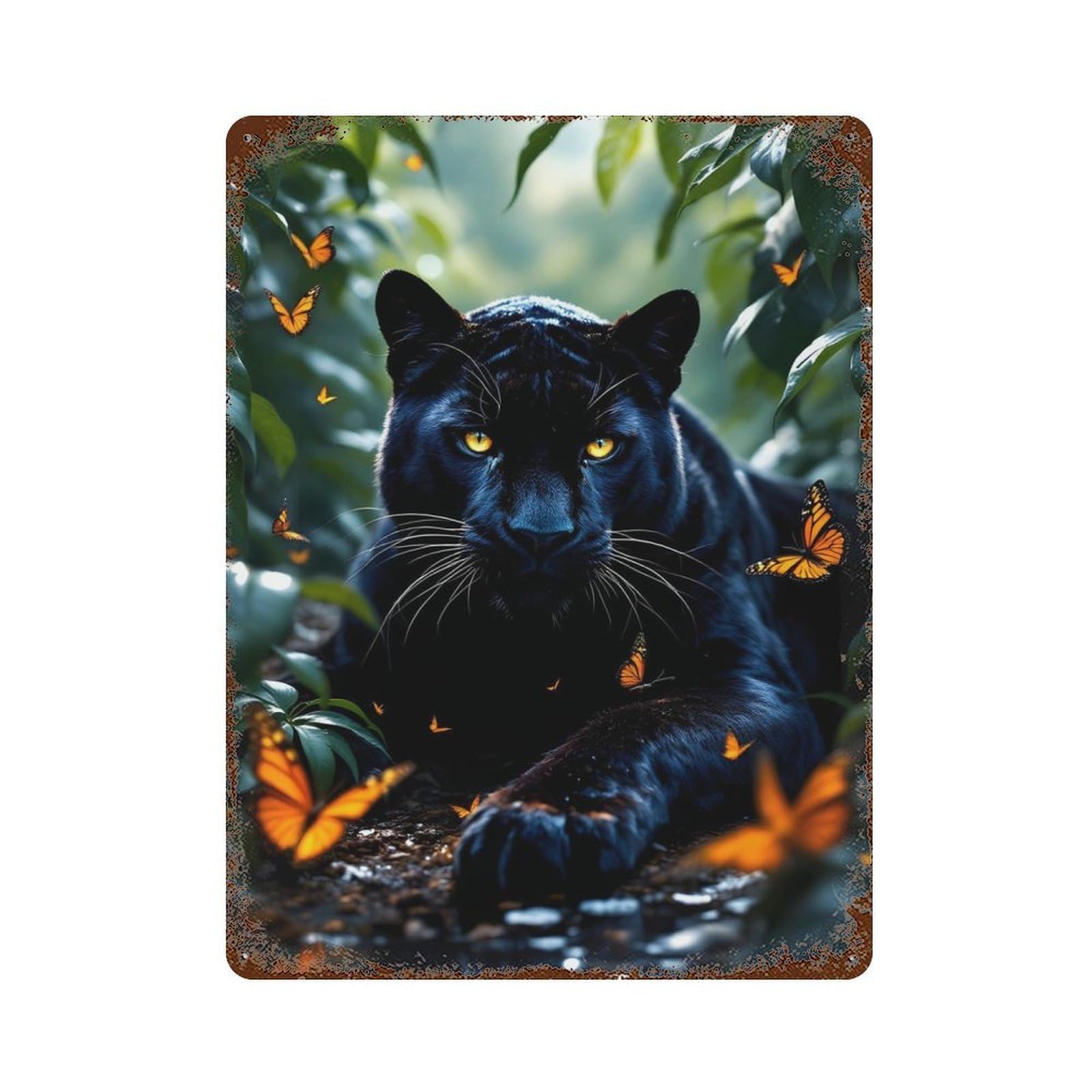 Black Panther with Butterflies Rusty Metal Tin Sign 15.7"x11.8", for Shed, Workshop And Garage Wall Decor, Shabby Chic Decor