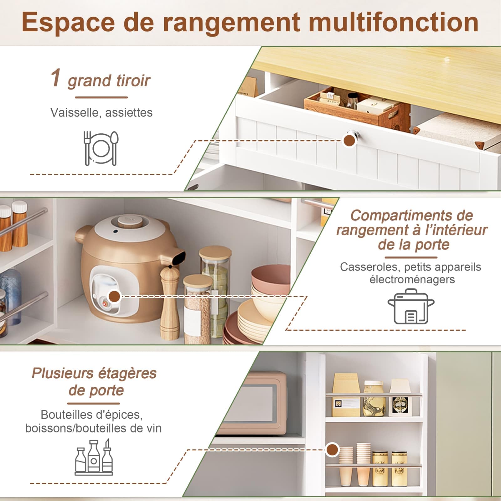 KOMHTOM Desserte de Cuisine à roulettes avec Plan Travail Rabattable Chariot Rangement Grand Tiroir Placard Blanc Bois(120cm Classique Blanc)