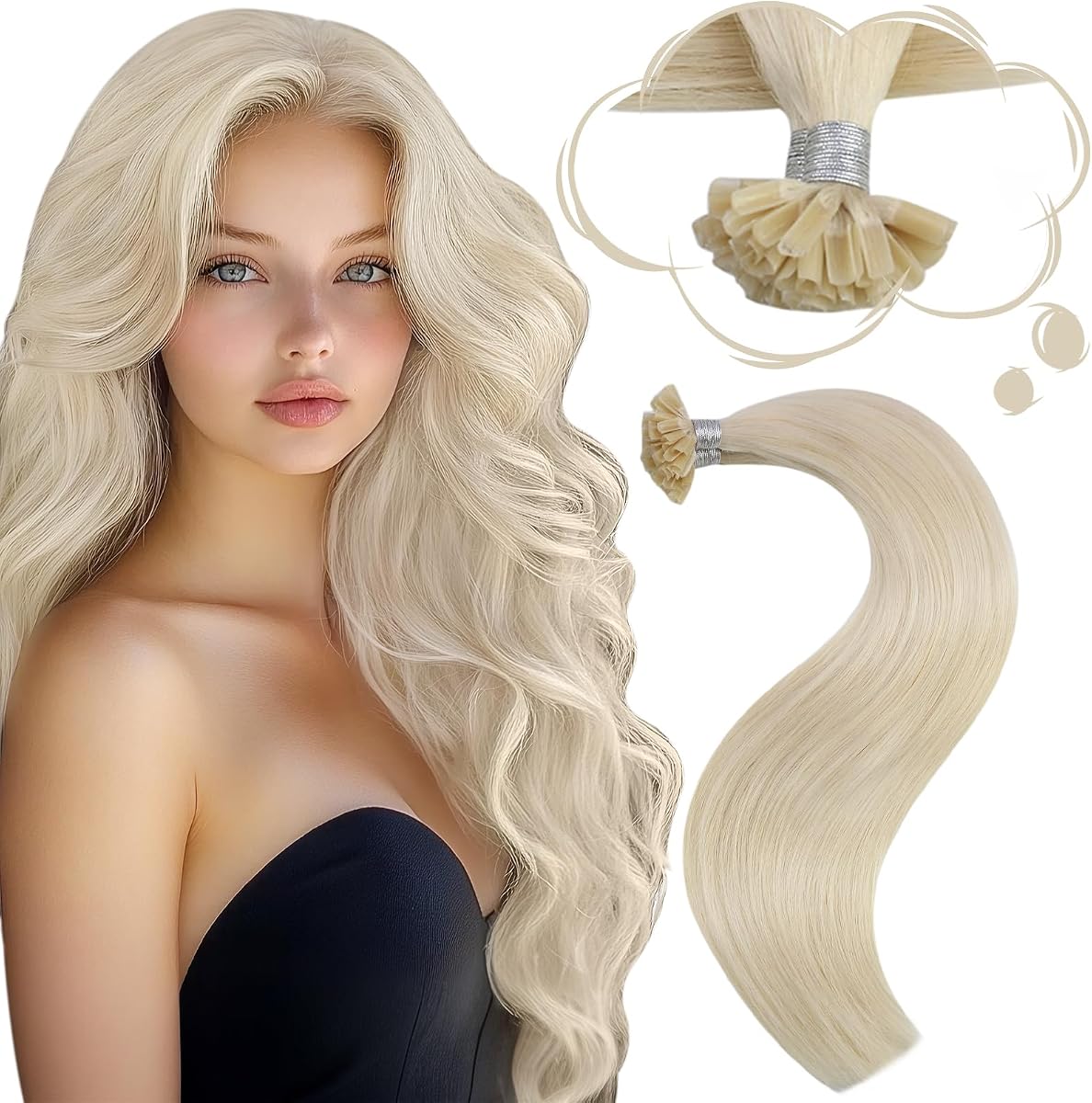 Moresoo Extensiones de cabello humano con punta en U, rubio platino, 14'' #60, 40G/50S, fusión, liso, unisex | 40g 50 mechones, puntas de queratina preunidas, cabello fino, combinación rubia platino, peinados hasta los hombros