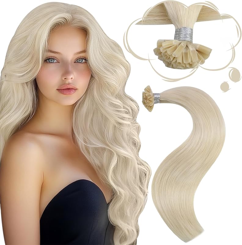 Moresoo Extensiones de cabello humano con punta en U, rubio platino, 14'' #60, 40G/50S, fusión, liso, unisex | 40g 50 mechones, puntas de queratina preunidas, cabello fino, combinación rubia platino, peinados hasta los hombros