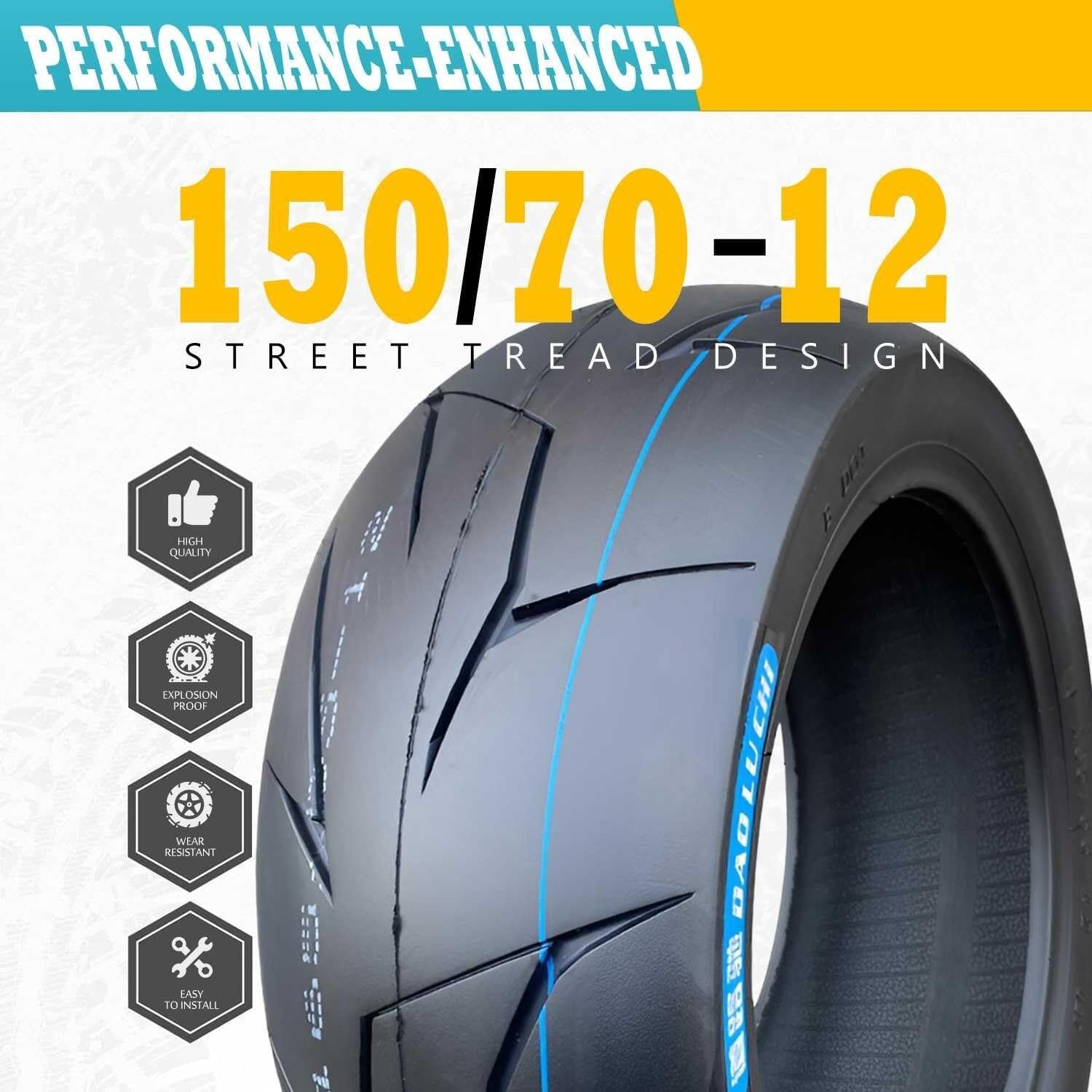 150/70-12 Opona Motocyklowa Bezdętkowa Wysokie Przyczepienie, 150-70-12 6PR Indeks Obciążenia 62J Przednie Tylne Koło, 150 70 12 Trwała Opona 12 Cali do Skutera Miejskiego