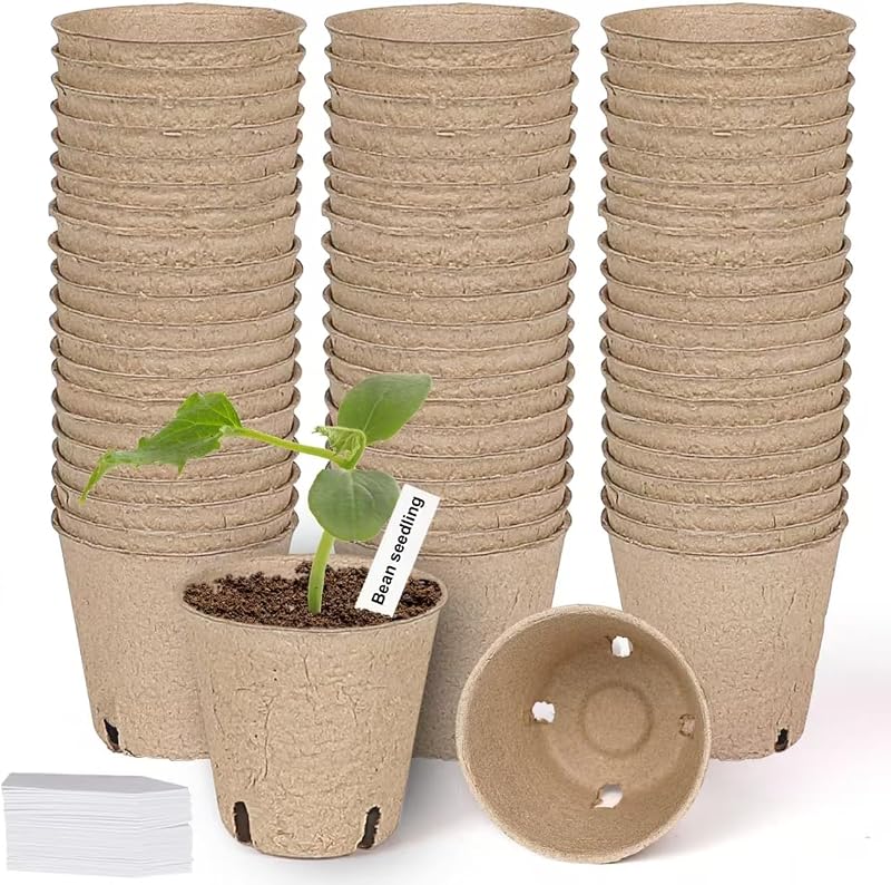 JNYONG 60 Packs 3.15 Inch Peat Pots,Garden Germination Nursery Pots | Biodegradable Pots for Seedlings with Drainage Holes, 50Pcs Plant Labels
