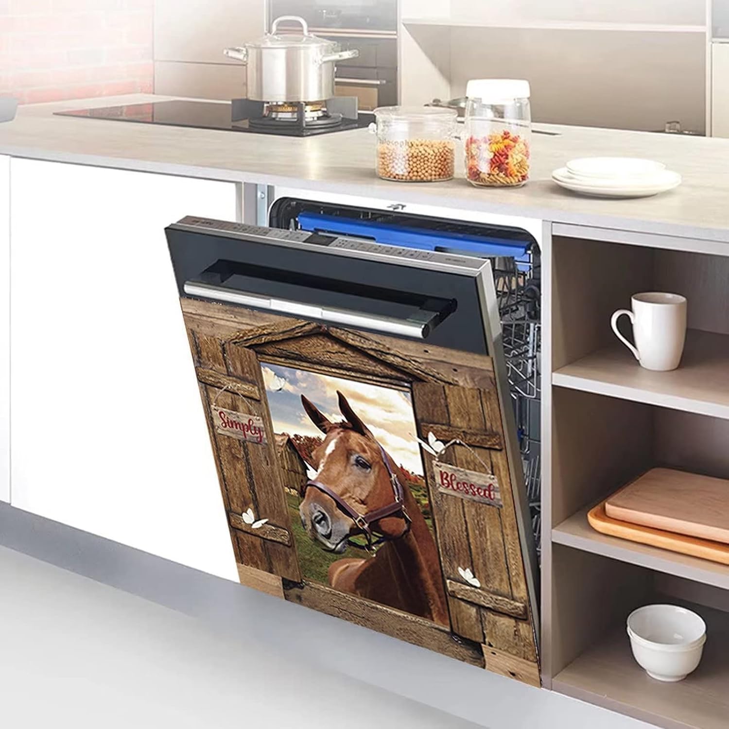 Horse Dishwasher Cover Panel,Farmhouse Dishwasher Magnet Decorative for the Front,Farm Wood Door Magnetic Refrigerator Covers,Funny Magnets Fridge Sticker Decal,Home Appliance Wallpaper 23"x26"