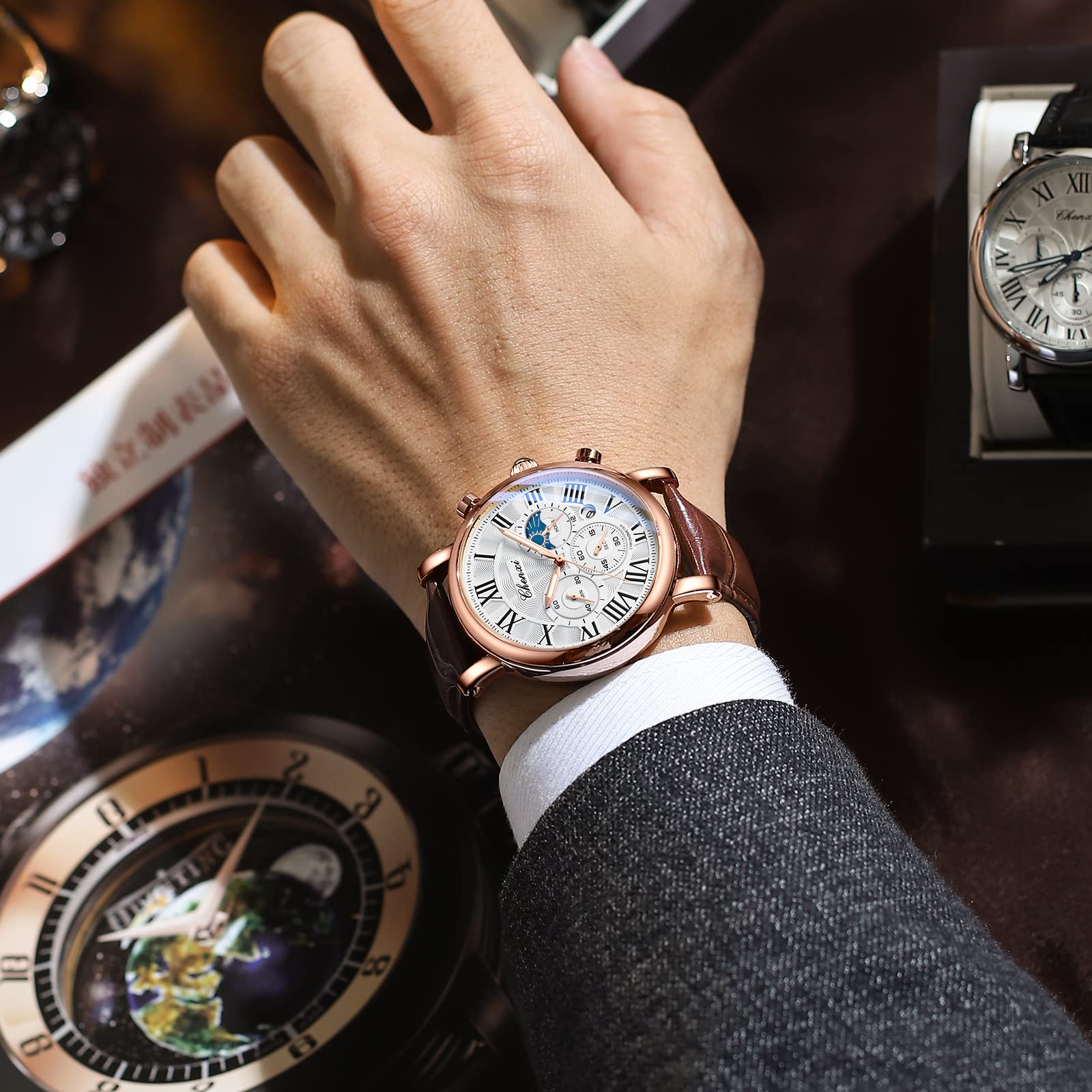 FANMIS Men's Classic Multifunctional Military Sports Analog Watch Business Dress Waterproof Luminous Chronograph Starry Sky Moon Phase Leather Wristwatch