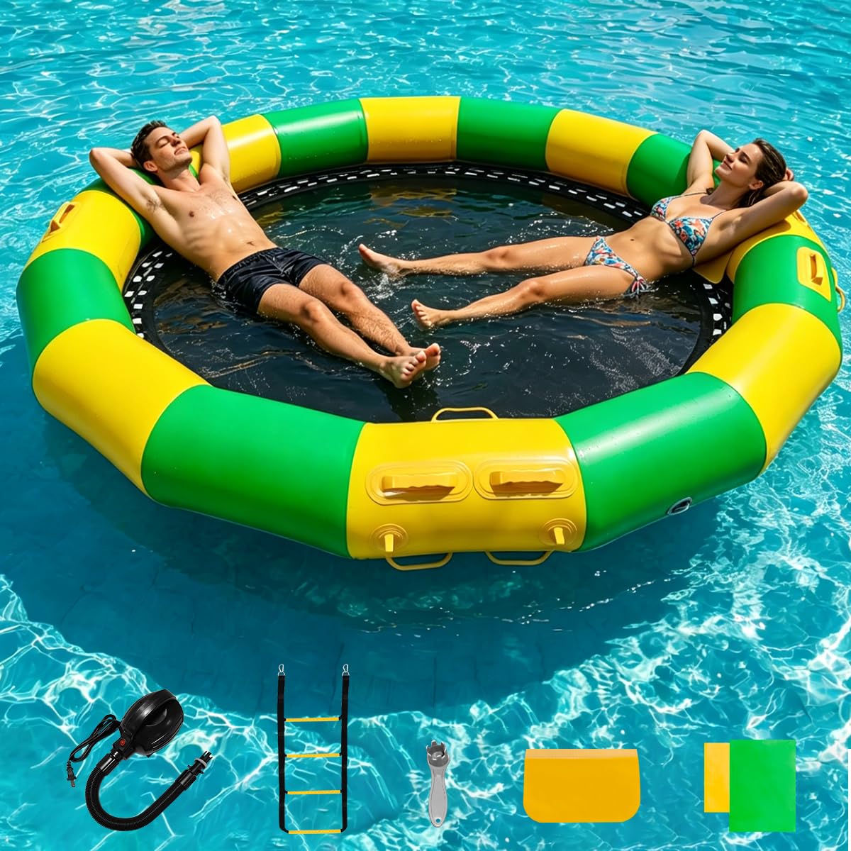 Heipigo 8FT Round Inflatable Water Hammock Pool Floating Dock for Adults, Inflatable Floating Hammock with Bounce Mesh, 2-4 Person Water Float Platform for Pool River Lake Beach Ocean Island