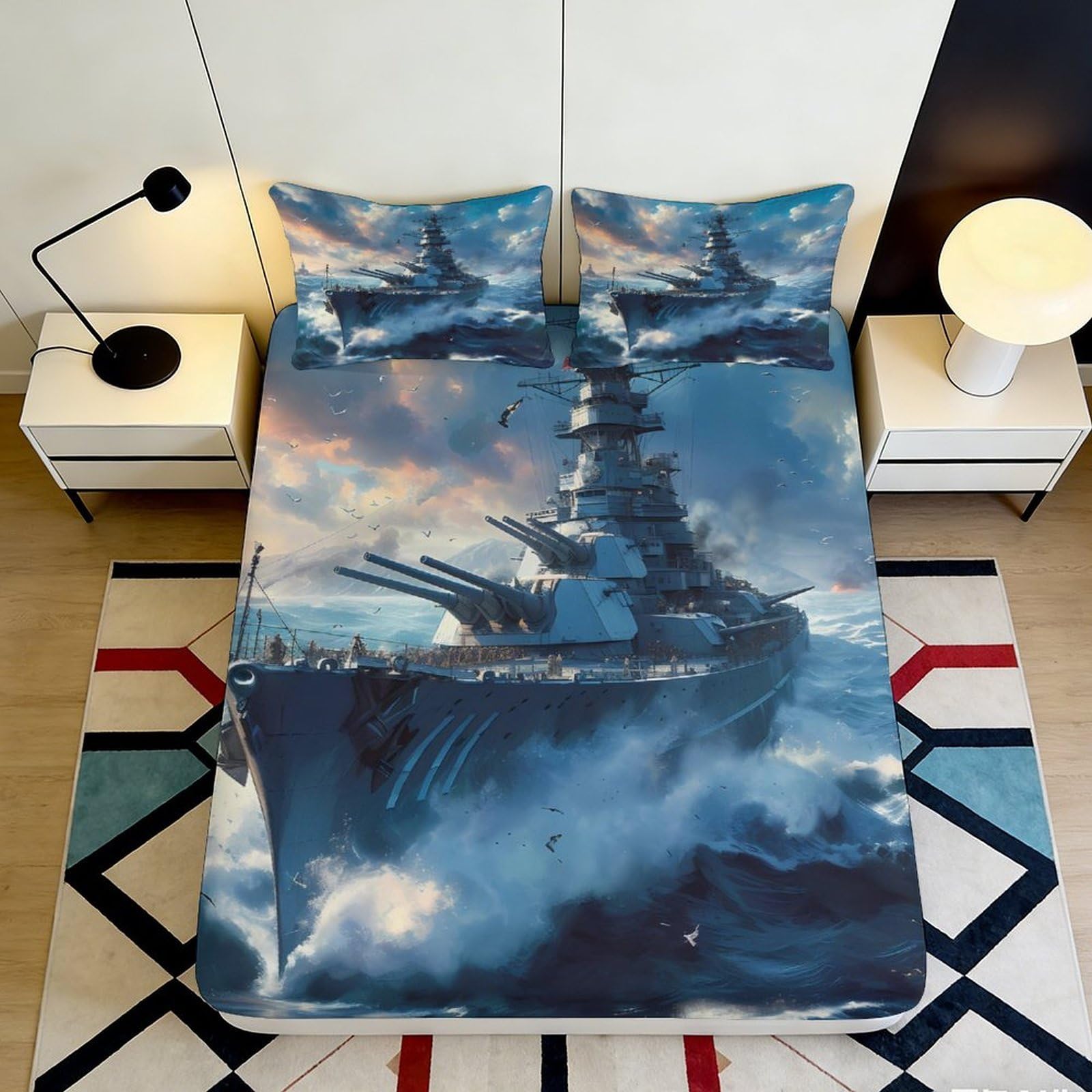 3D Printed Battleship Ocean Fitted Sheet Microfiber Soft Navy Blue Warship Mattress Cover for Bedroom Guest Room Decor 90x200x25cm