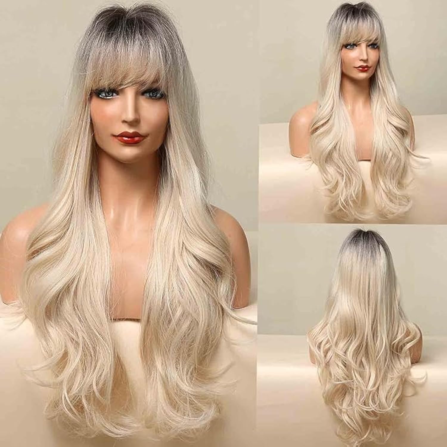 Long Wavy Soft Synthetic Wig with Straight Bangs for Women Girls Wig Cap Included (Blonde with Dark Roots)