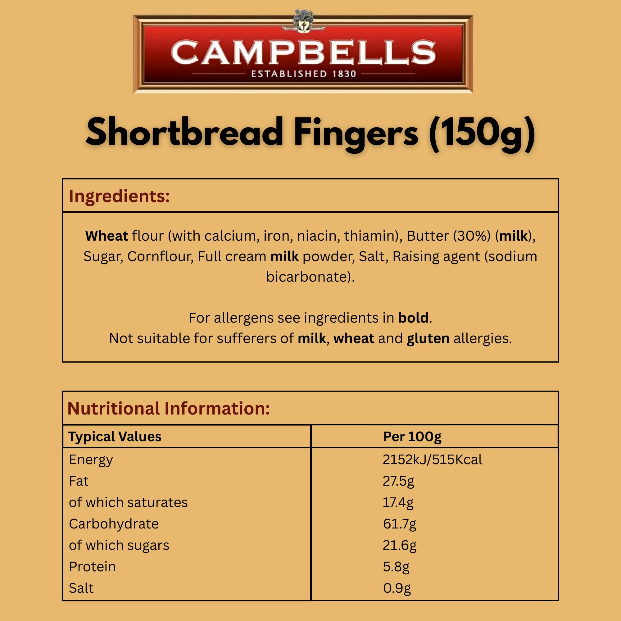 Campbells All Butter Shortbread Fingers - Traditional Shortbread in Carton, Product of Scotland