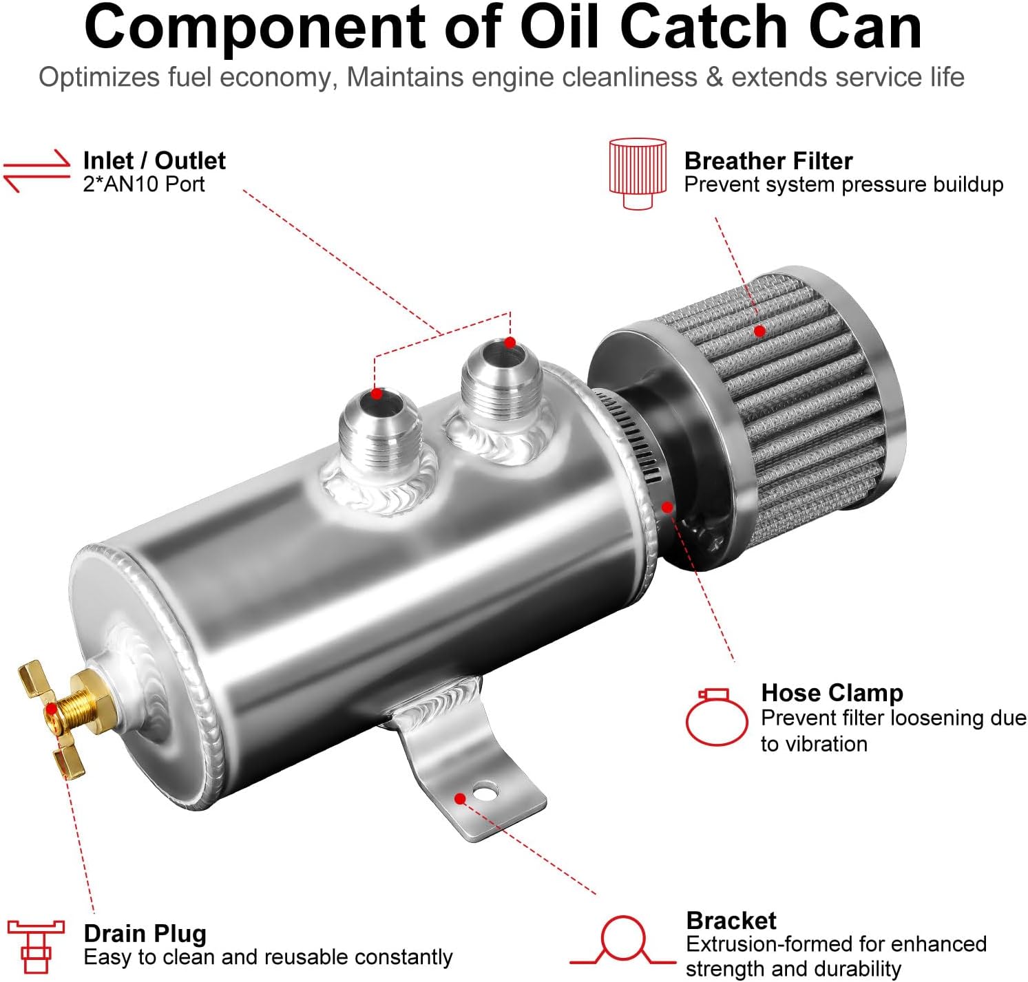 Baffled Oil Catch Can 10AN, 750ML Universal Oil Breather Tank with Valve Aluminum Silver