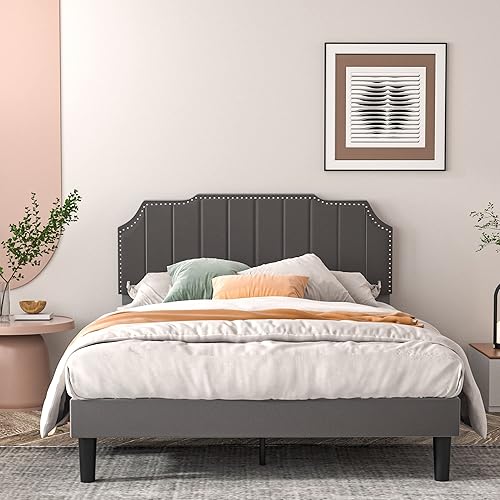Miniatura 3 de VECELO Base de cama tapizada tamaño Queen con cabecera ajustable copetuda, base de colchón, soporte de listones de madera, fácil montaje, gris oscuro