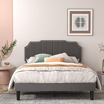 VECELO Full Size Velvet Upholstered Platform Bed Frame with Nailhead Trim,Tufted Height Adjustable Headboard,Vintage Bed with Wooden Slats/No Box Spring Needed/Under Bed Storage/Easy Assembly
