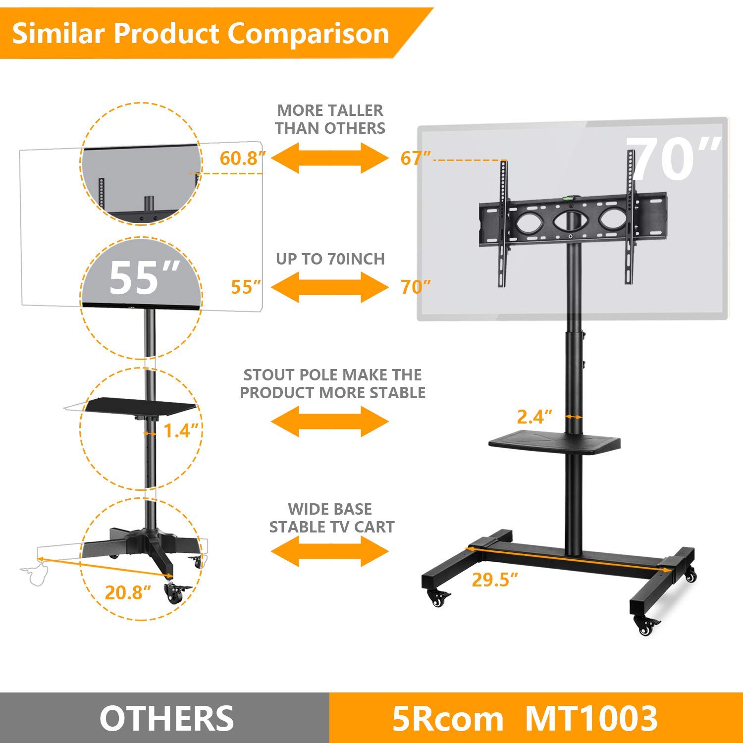 Large Rolling TV Stand Portable Monitor Stand for 3270 Inch Flat