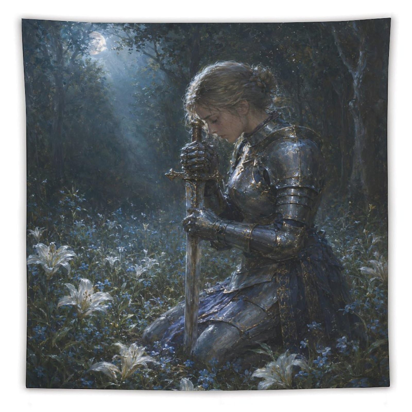W7C8U2X3 Medieval Female Knight Moonlit Wall Tapestry, Living Room