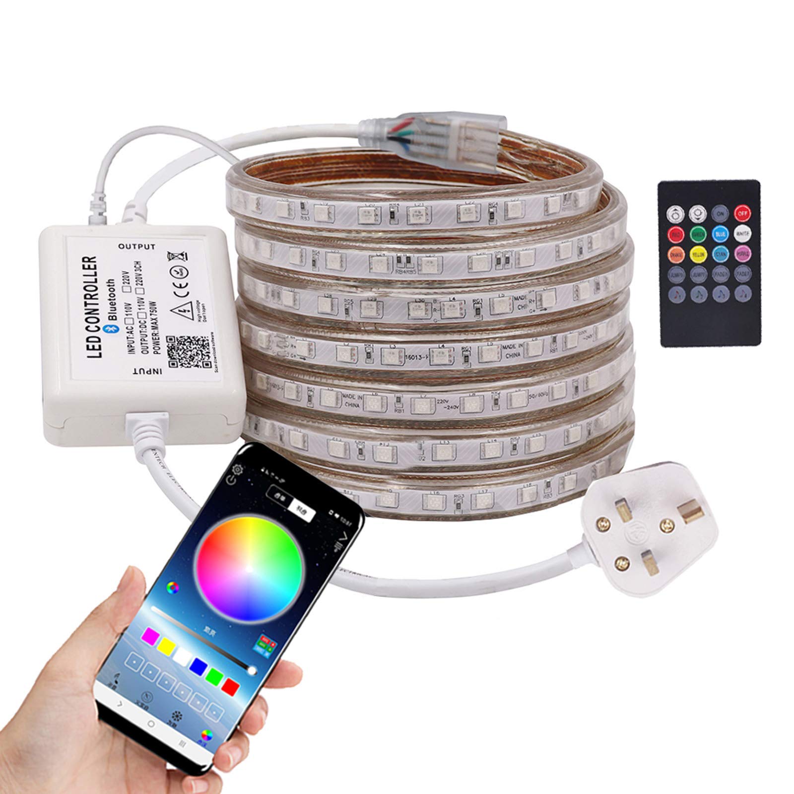 20 m synchronizacja z muzyką RGB zestaw taśm LED z kontrolerem Bluetooth, możliwość ściemniania i wodoodporność IP65, 60 diod LED/m SMD 5050 + 24 klawisze, pilot zdalnego sterowania do użytku wewnątrz