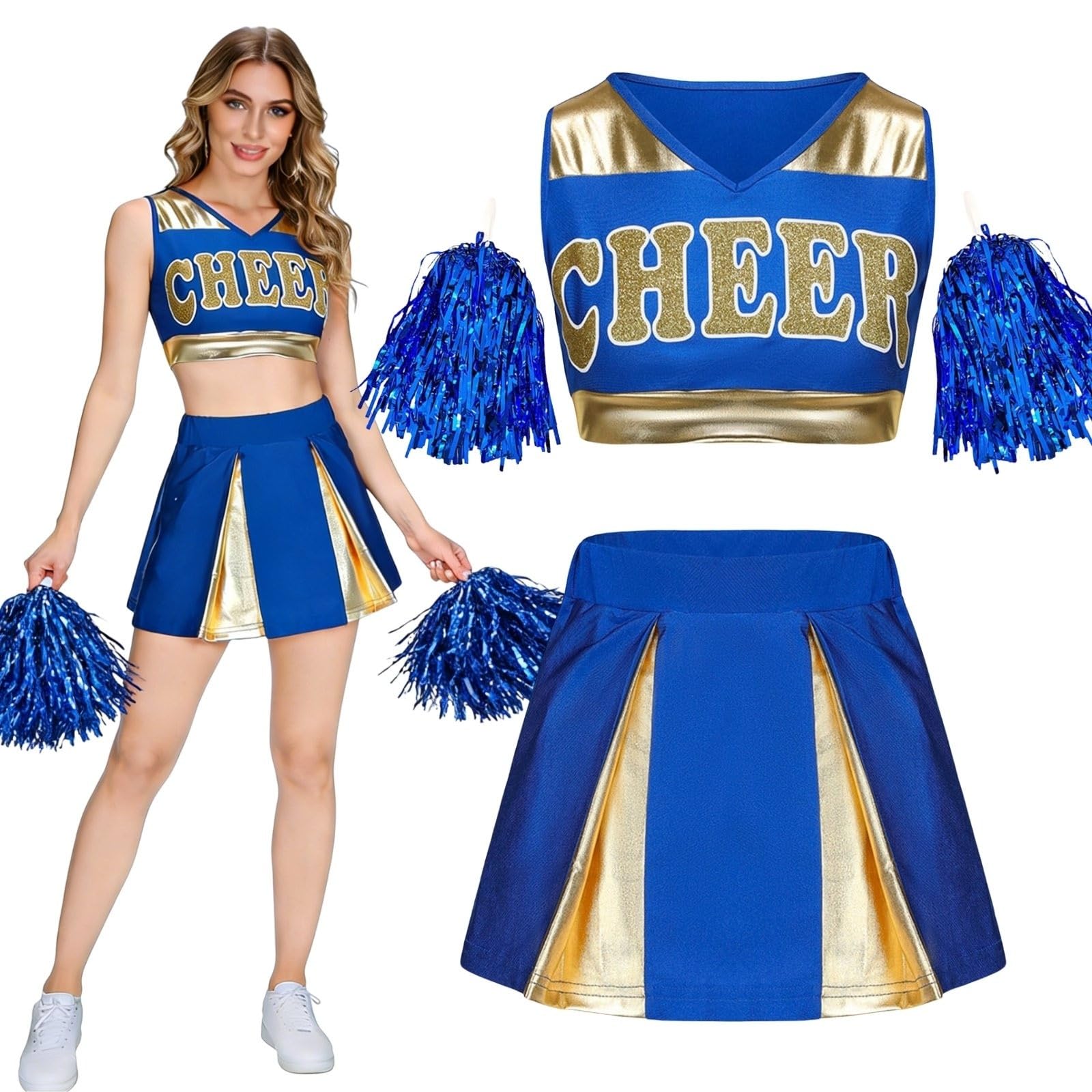 maxToonrain Women Cheerleader Costume with Shiny Gold Accents 3 PCS Adults Cheerleader Outfit with Pom Poms, Top, Skirt for 2026 High School Musical Events Halloween (Blue,S)