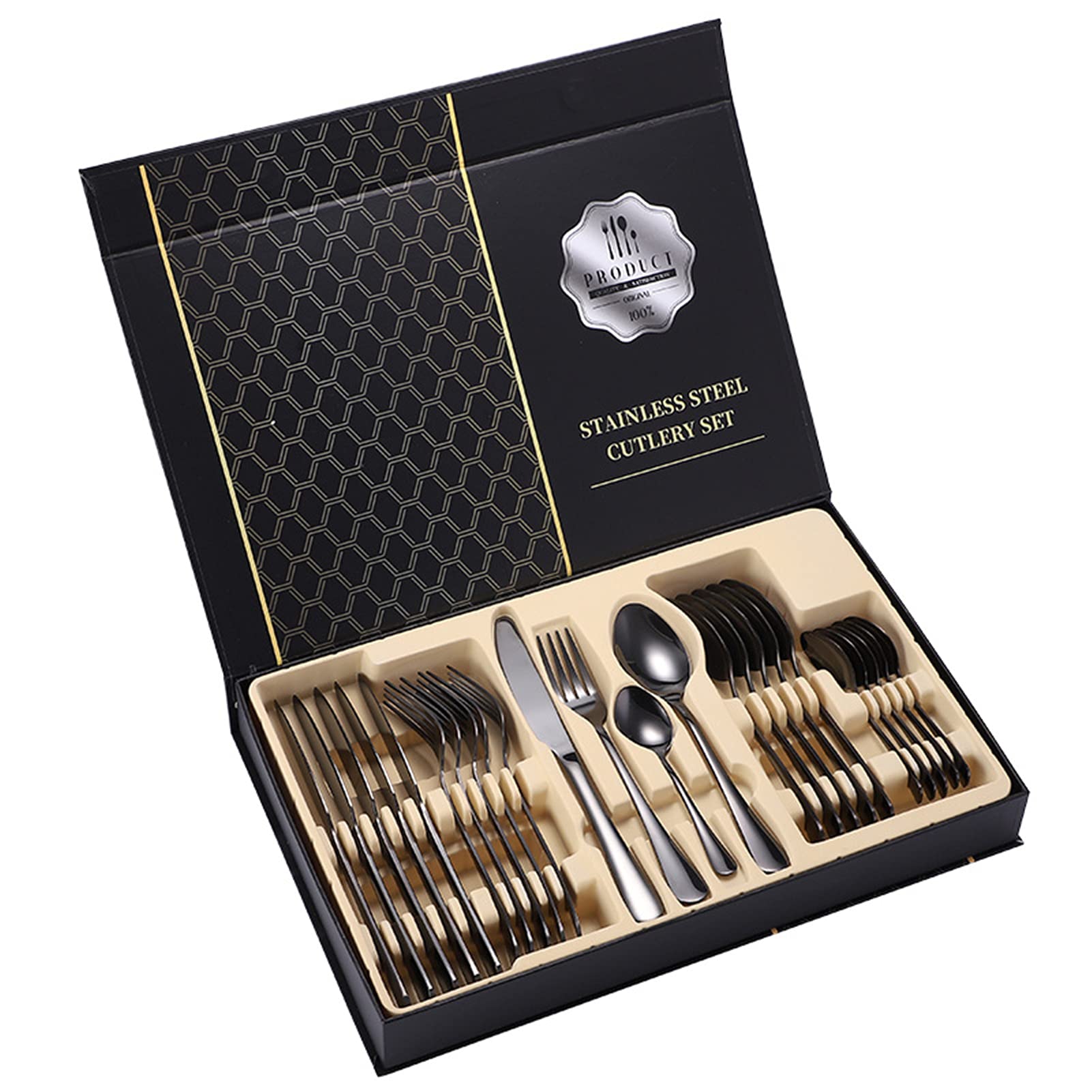 Juego de cubiertos de acero inoxidable de 24 piezas para cubiertos con espejo pulido, multiusos para el hogar y la cocina con caja de regalo, servicio para 6 (negro)