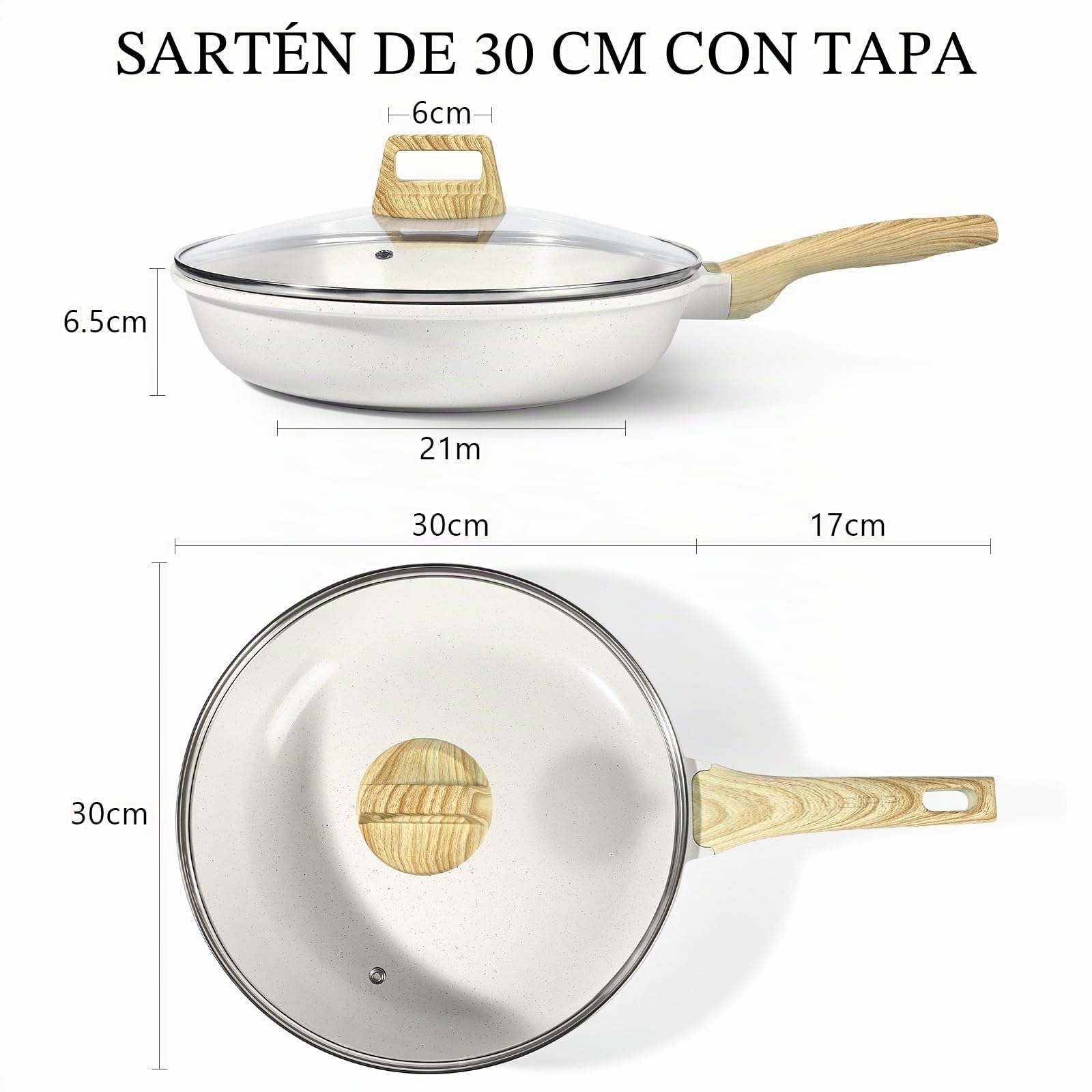 GiPP Sartén Antiadherente de Cerámica con Tapa，Sartenes para freír Saludable y No Tóxica,Compatible con Inducción,Libre de PFAS y PFOA,Apta para Lavavajillas（Blanco,30CM+Tapa） | Sartén sana y no tóxica, apta para inducción, sin PFAS ni PFOA, apta para lav