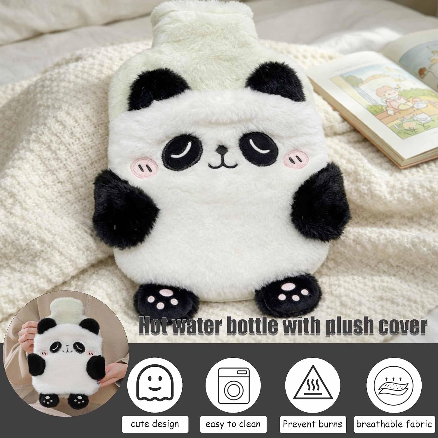 Fuzzy Hot Water Bottle Cute, Rubber Hot Water Bottle with Cover Only, Hot Water Bottles Bag for Pain Relief, Small Hot Water Bottles Heating Pad, Period Warm Compress (1 L)