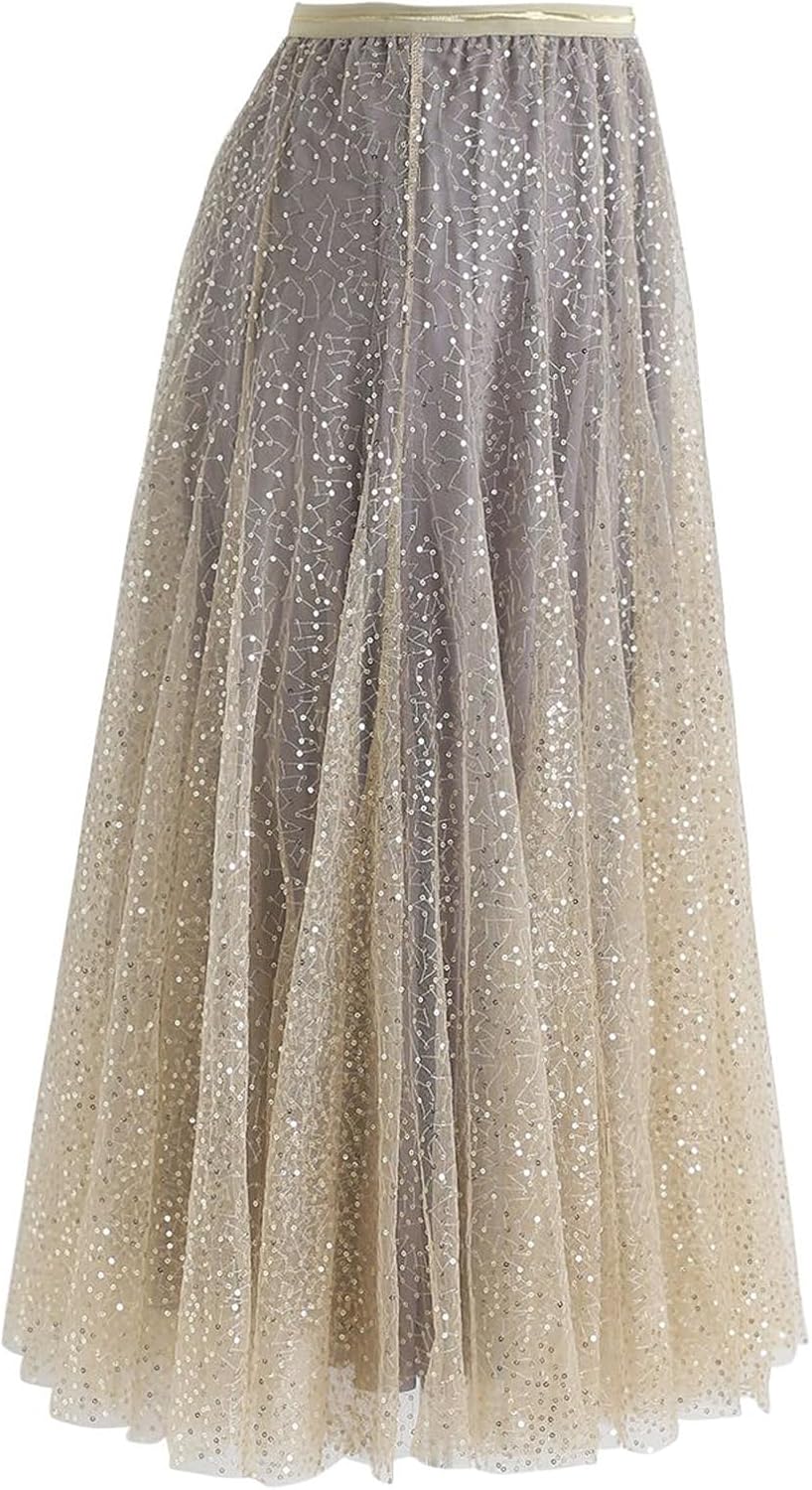 CHICWISH Women Tulle Mesh Sequin Skirts Elastic Waist Pleated Midi Skirt Sparkle Layered Flowy Fairy Tutu Skirts - Image 5