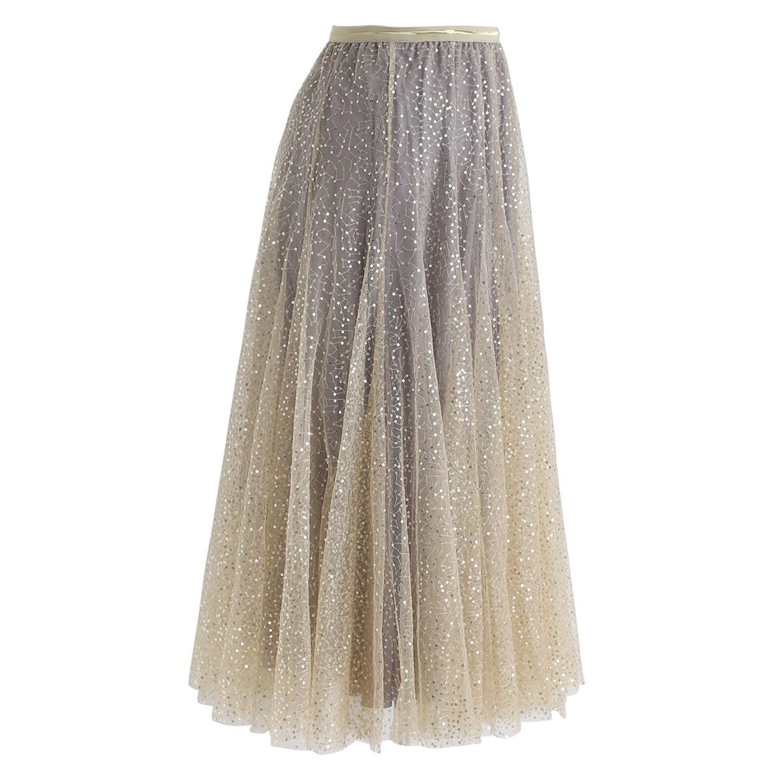 CHICWISH Faldas de tul con lentejuelas para mujer, cintura elástica, plisada, falda midi con capas brillantes, faldas tutú de hadas